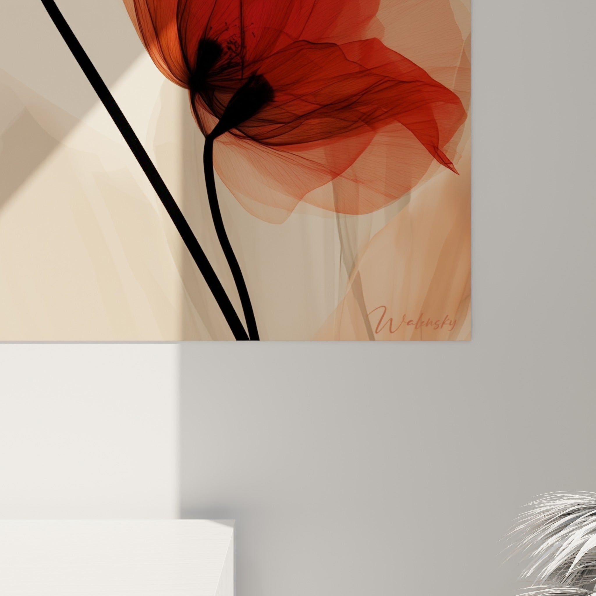 Nervures fines et coulures translucides du coquelicot rouge sombre, matière picturale visible en gros plan
