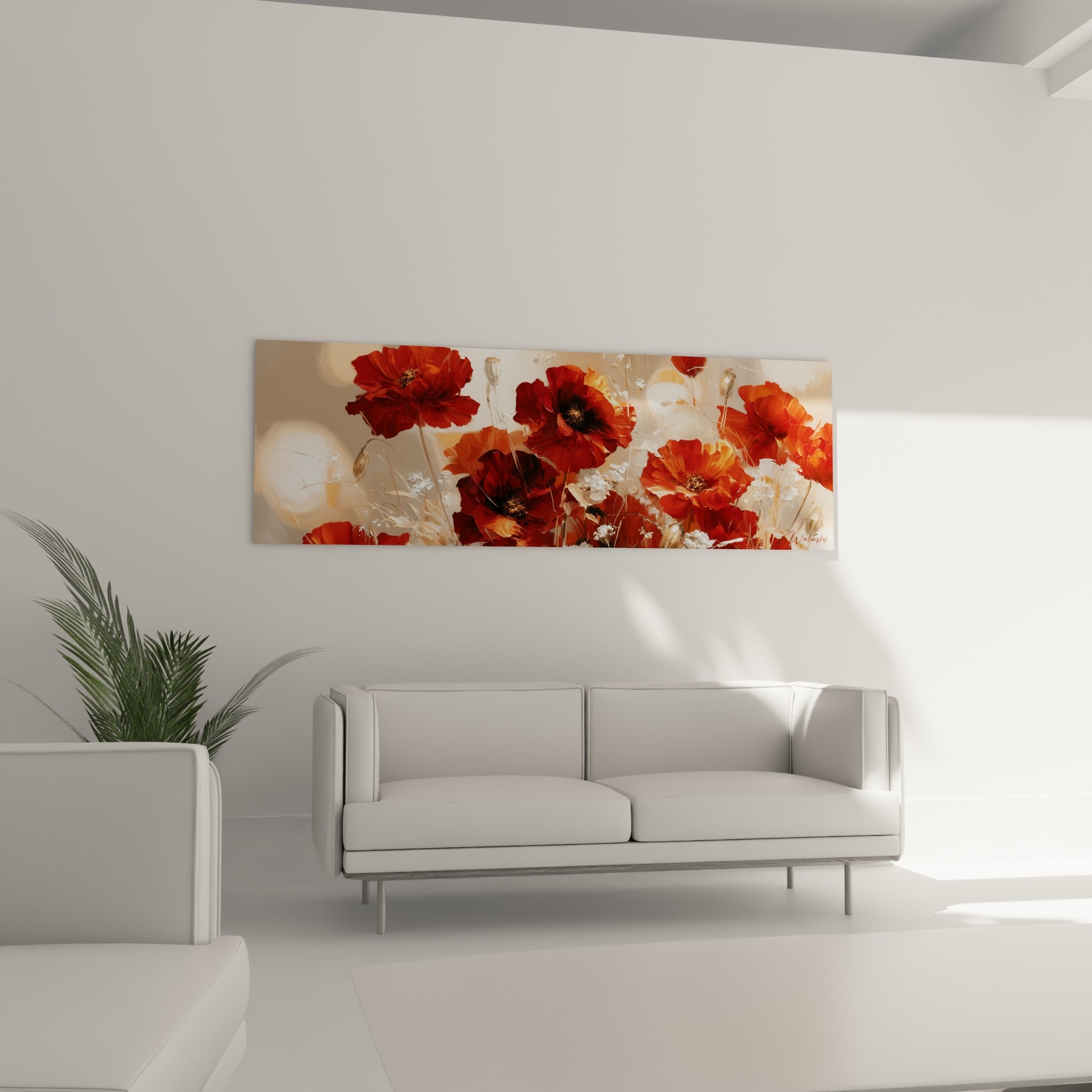 Fleurs de coquelicot rouges et ocre aux cœurs sombres, au-dessus d'un canapé dans un salon lumineux