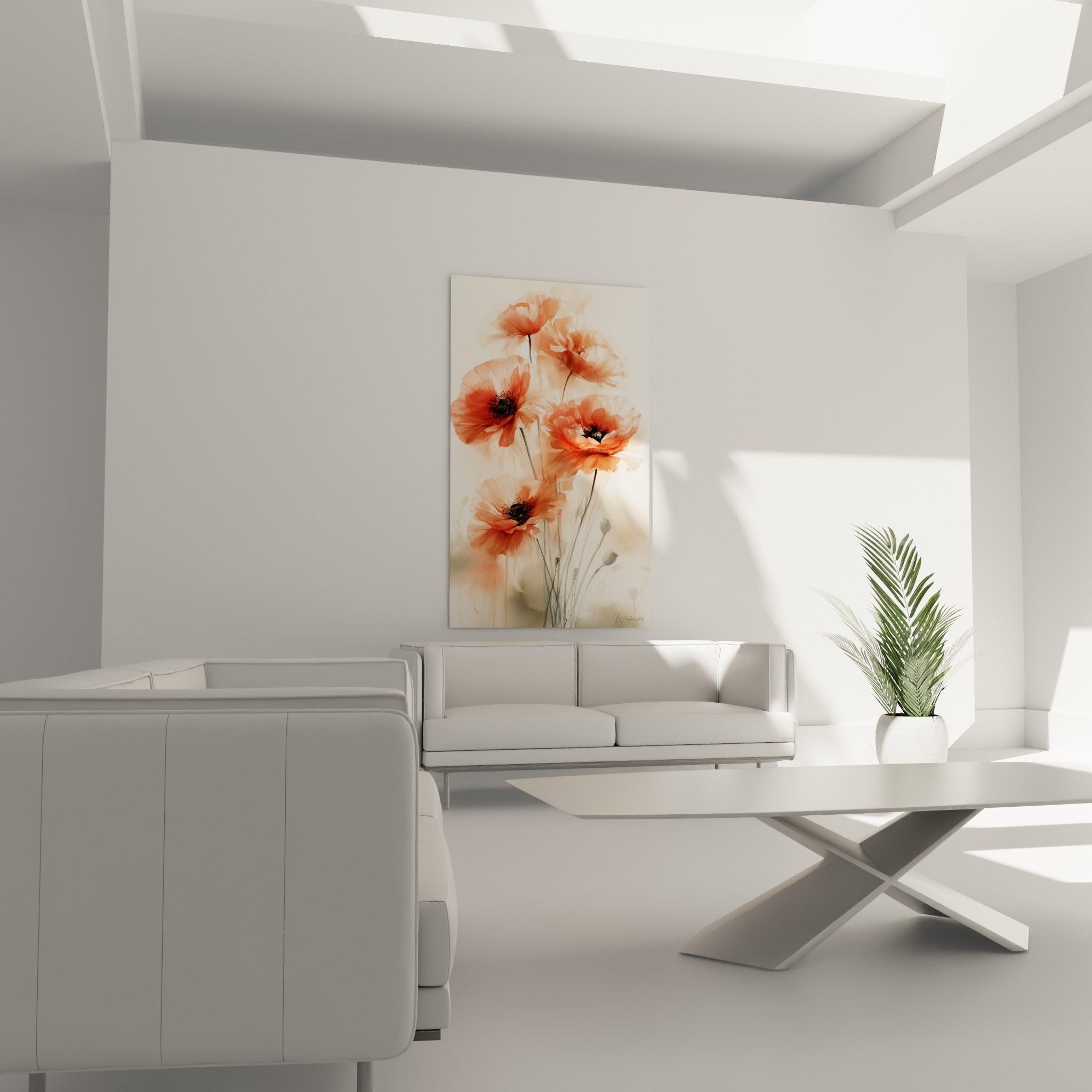 Fleurs de coquelicot corail et ocre disposées au-dessus d'un canapé dans un salon lumineux