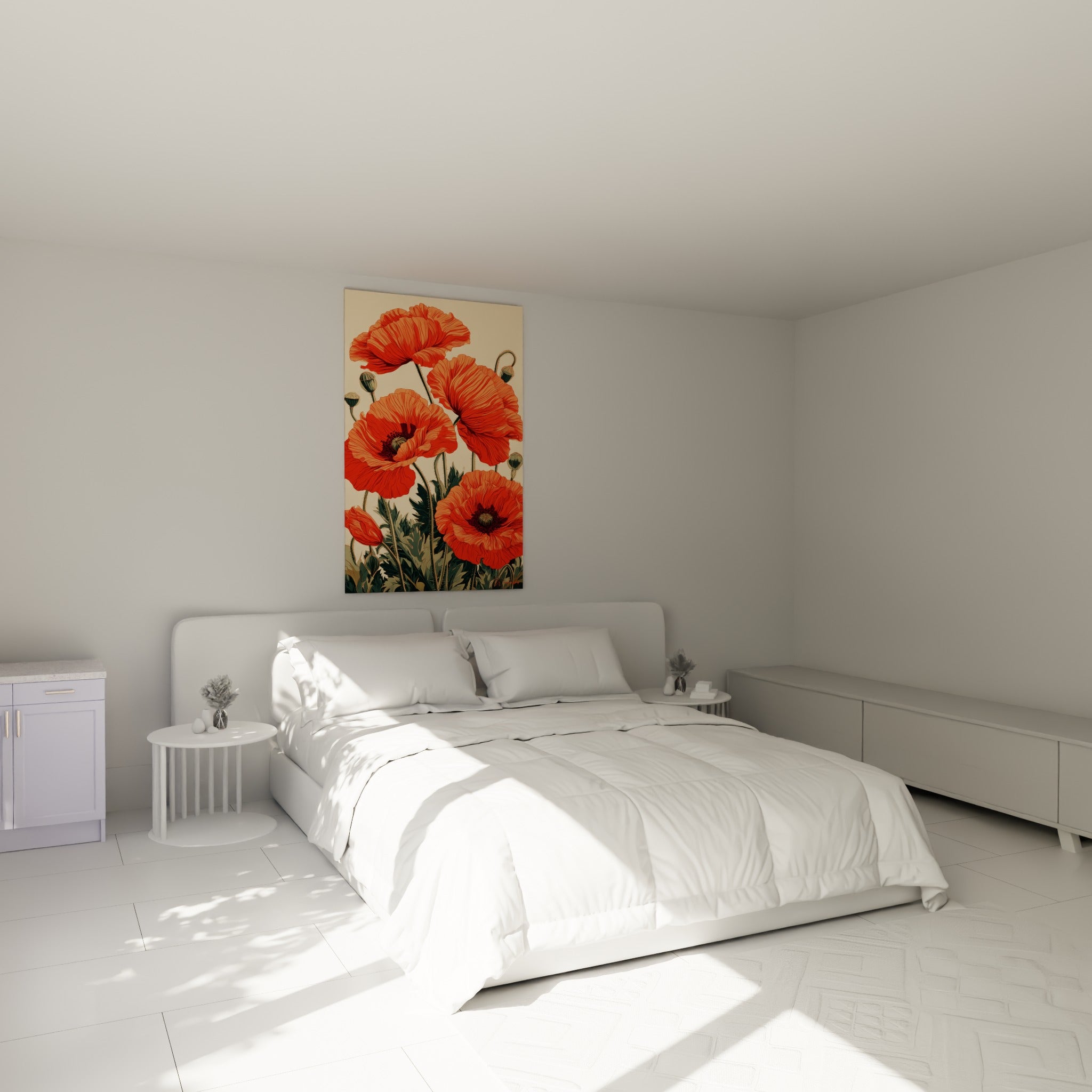 Bouquet de coquelicots orangés et rouges au-dessus d'un lit dans une chambre claire