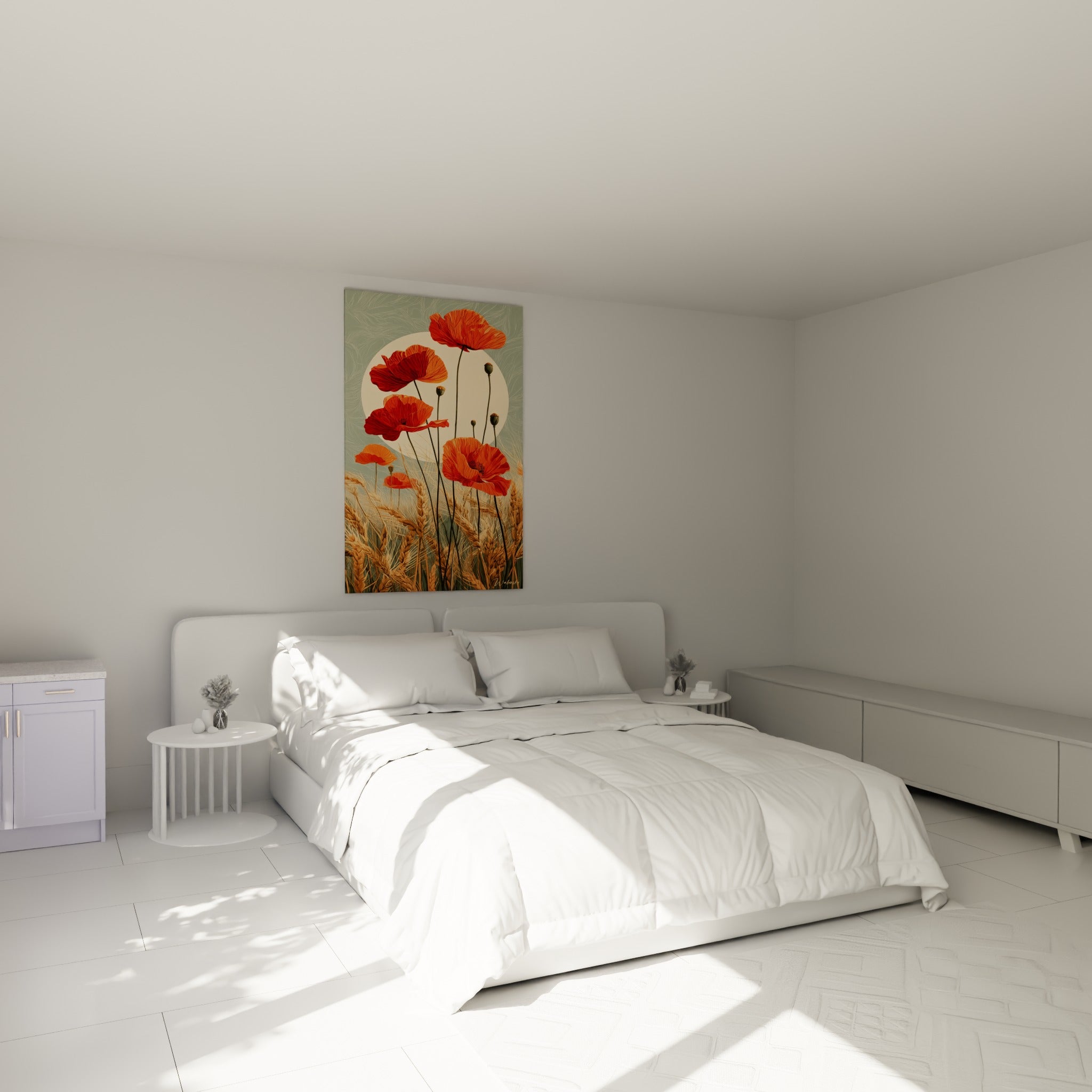 Coquelicots rouge vif et blé doré illustrés au-dessus d'un lit dans une chambre claire