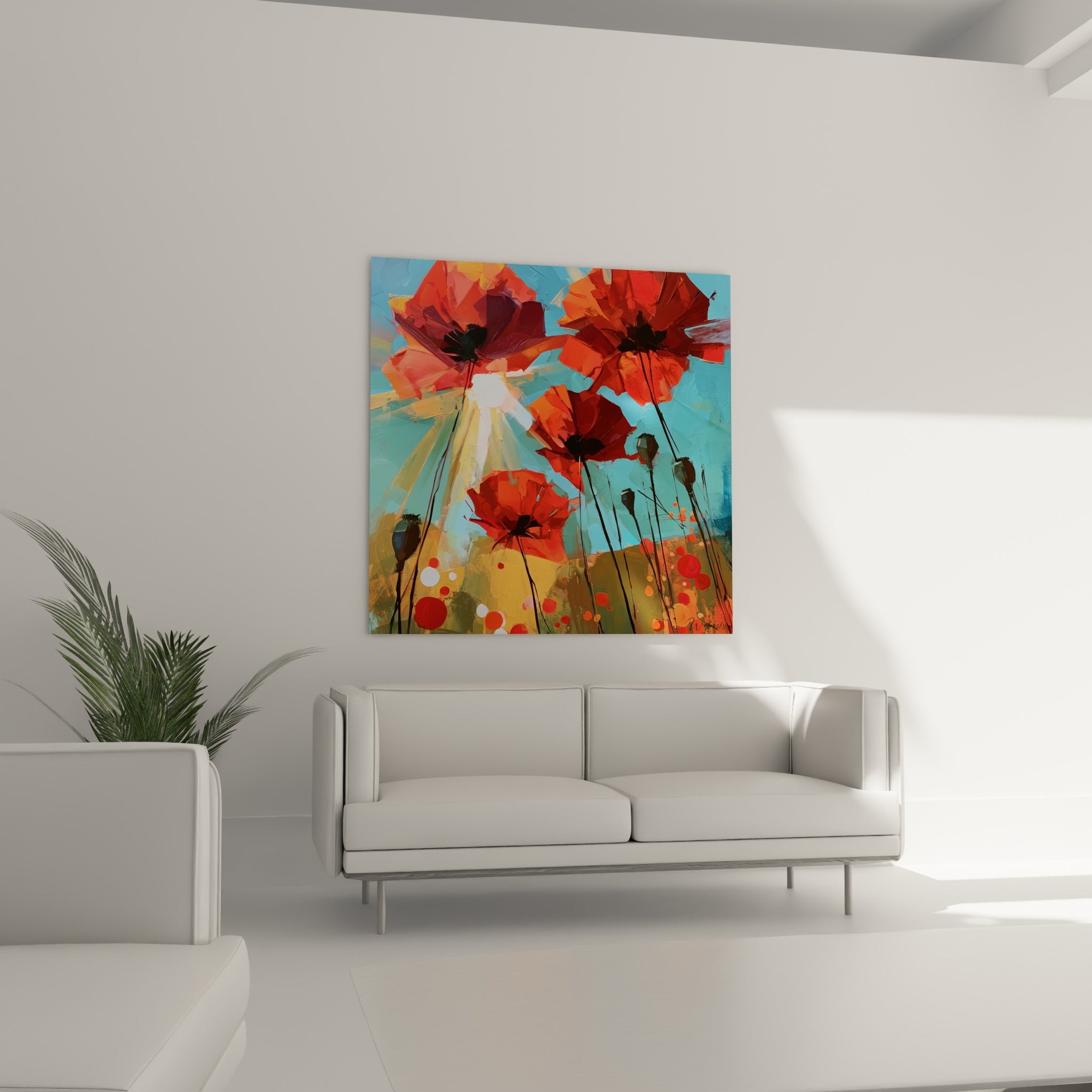Tiges noires graciles de coquelicots orange et rouges, accrochées au-dessus d'un canapé dans un salon lumineux