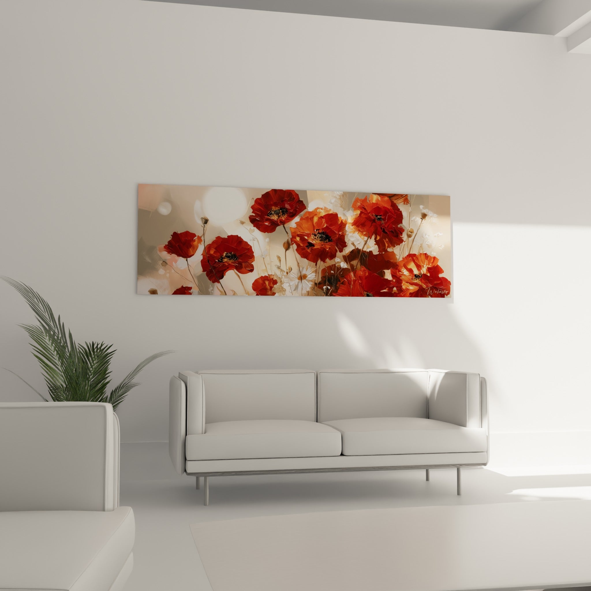 Fleurs de coquelicot orangé et blanc lumineux disposées au-dessus d'un canapé dans un salon lumineux