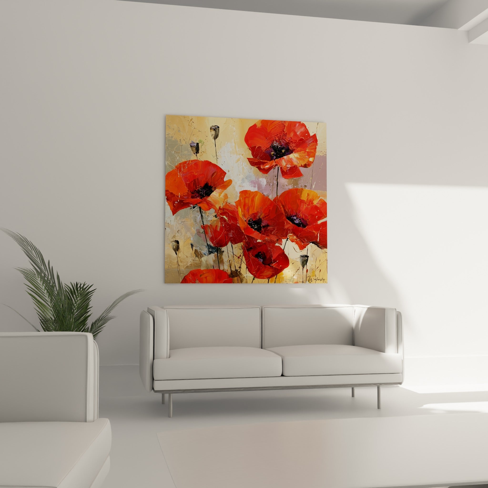 Fleurs de coquelicot orangé et rouge à la spatule, disposées au-dessus d'un canapé dans un salon lumineux