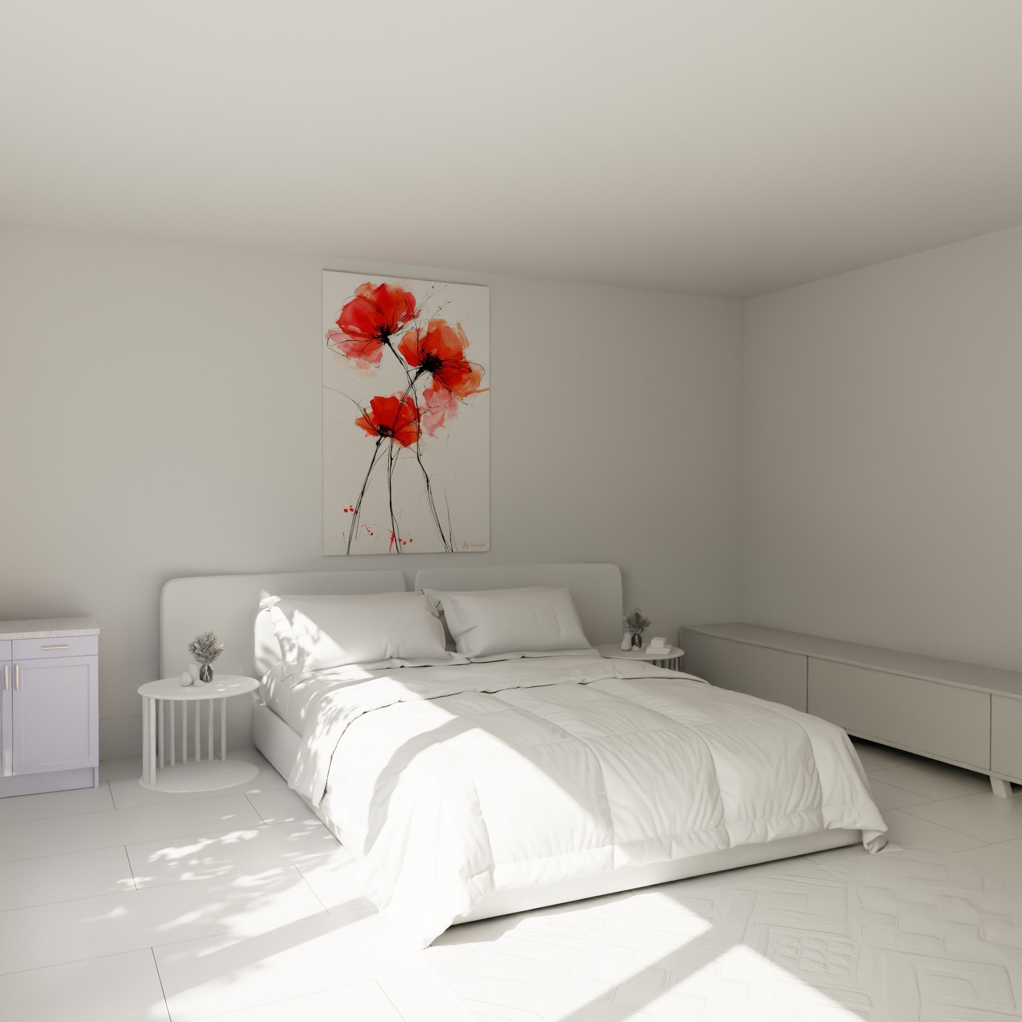 Coquelicot aquarelle rouge et rose pâle accroché au-dessus d'un lit dans une chambre claire