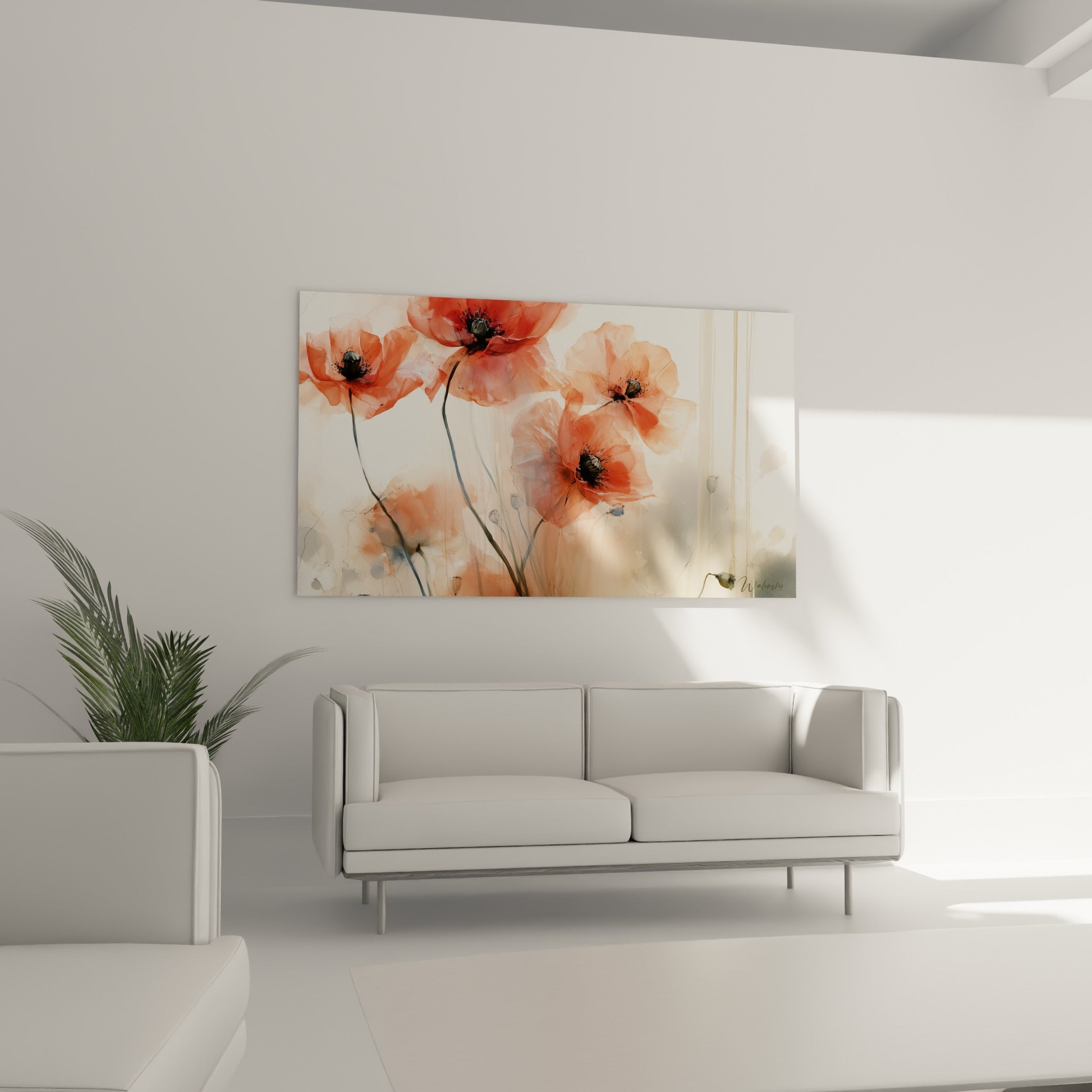 Pétales de coquelicot saumon et cœurs anthracite en dégradé aquarelle, au-dessus d'un canapé dans un salon lumineux