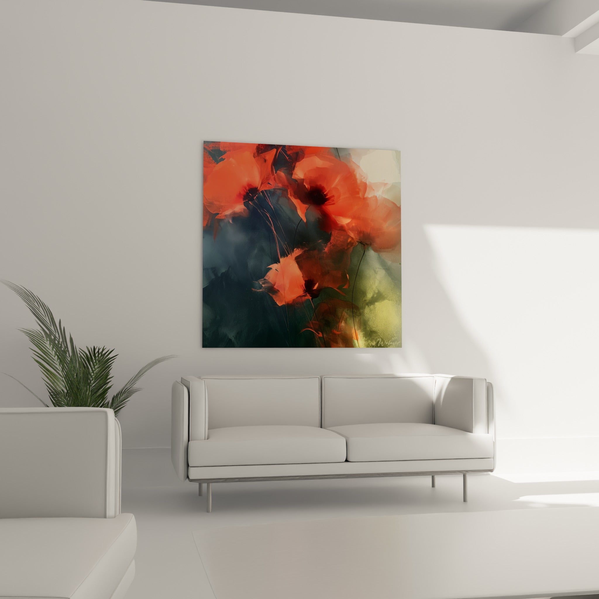 Corolles corail et cœurs sombres du coquelicot au-dessus d'un canapé dans un salon lumineux