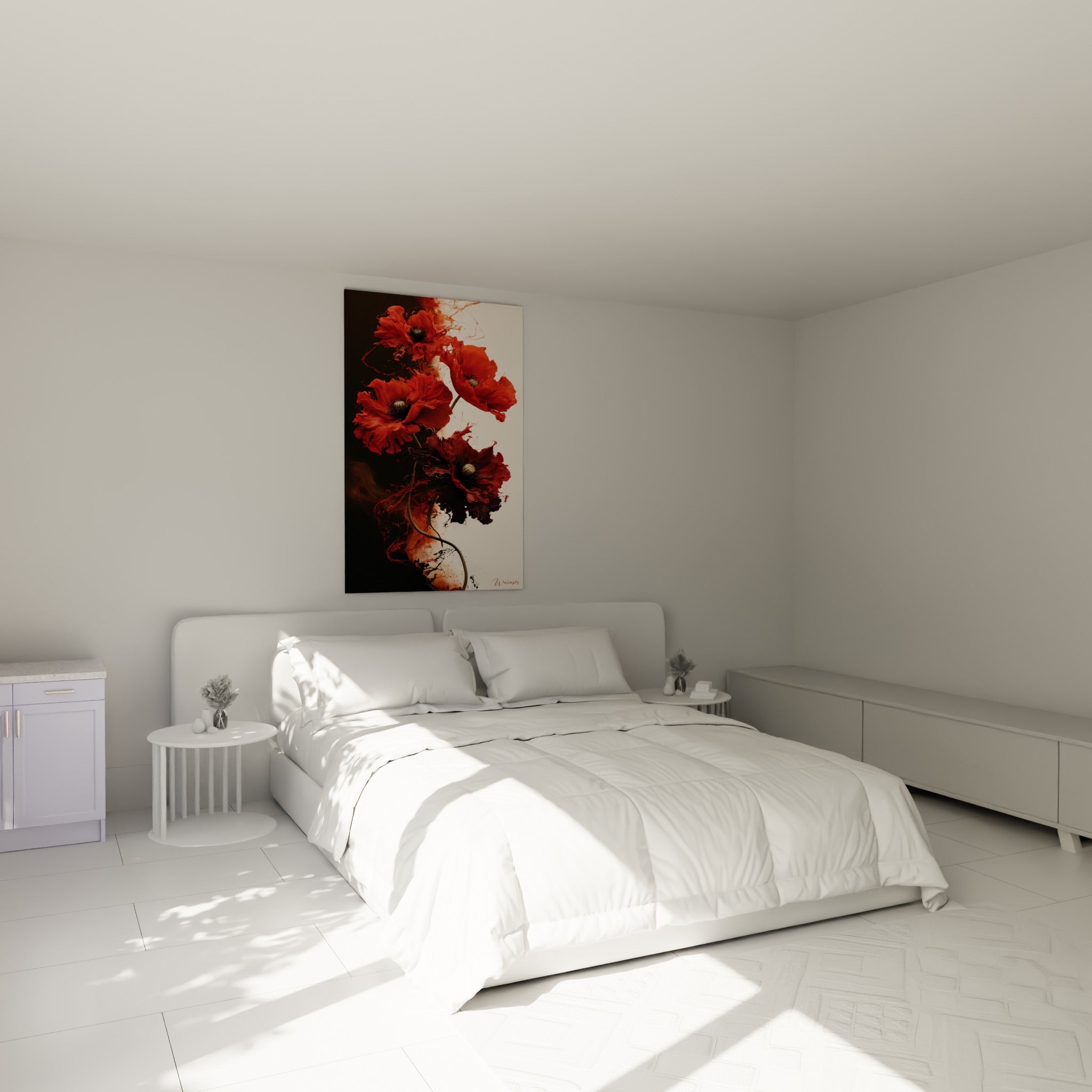 Pétales rouge vif et fond anthracite fluide au-dessus d'un lit dans une chambre claire