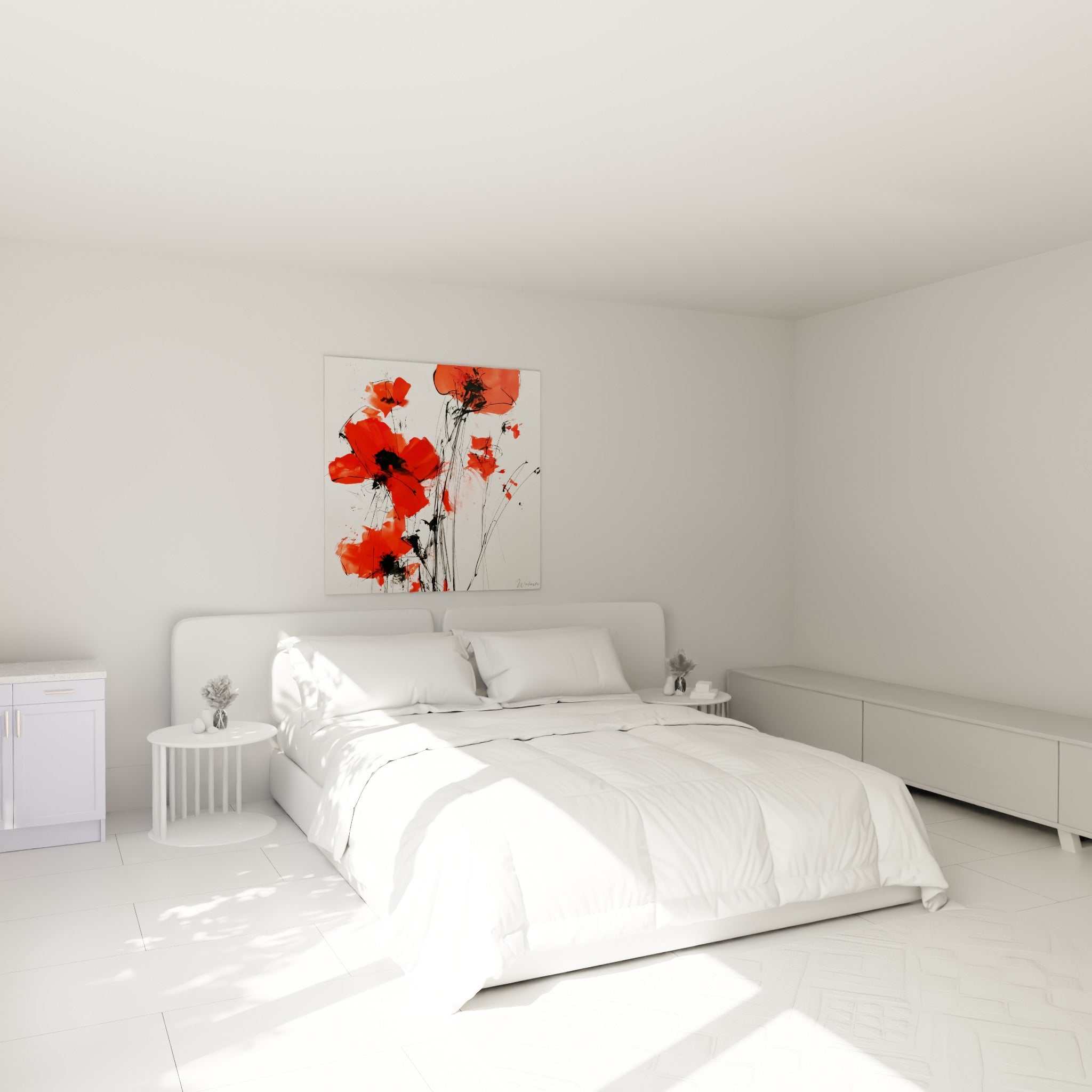 Pétales écarlates et tiges noires effilées accrochés au-dessus d'un lit dans une chambre claire