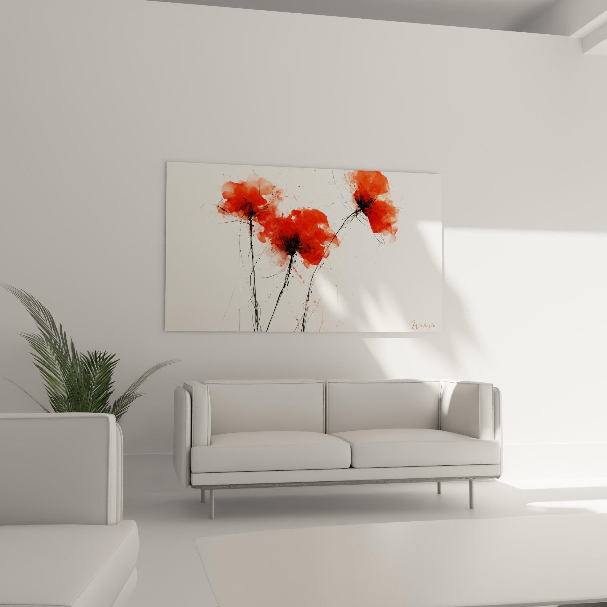 Tiges noires entrelacées et pétales rouge vif du coquelicot, disposées au-dessus d'un canapé dans un salon lumineux