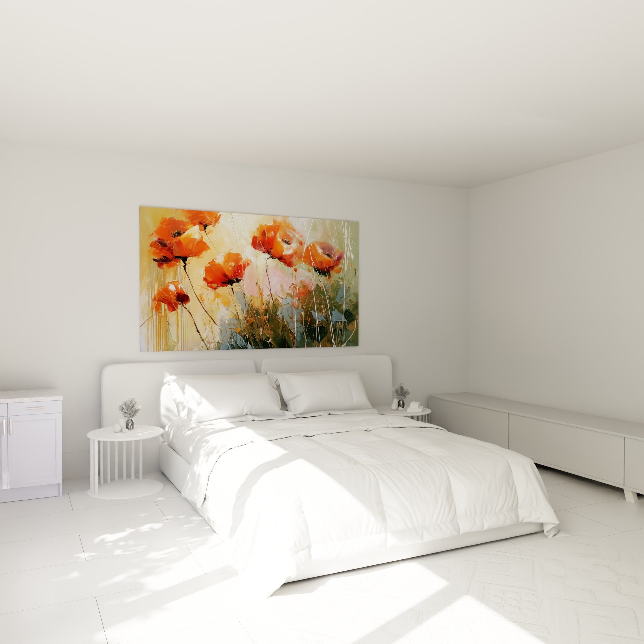 Bouquet de coquelicots orange et vert sauge accroché au-dessus d'un lit dans une chambre claire
