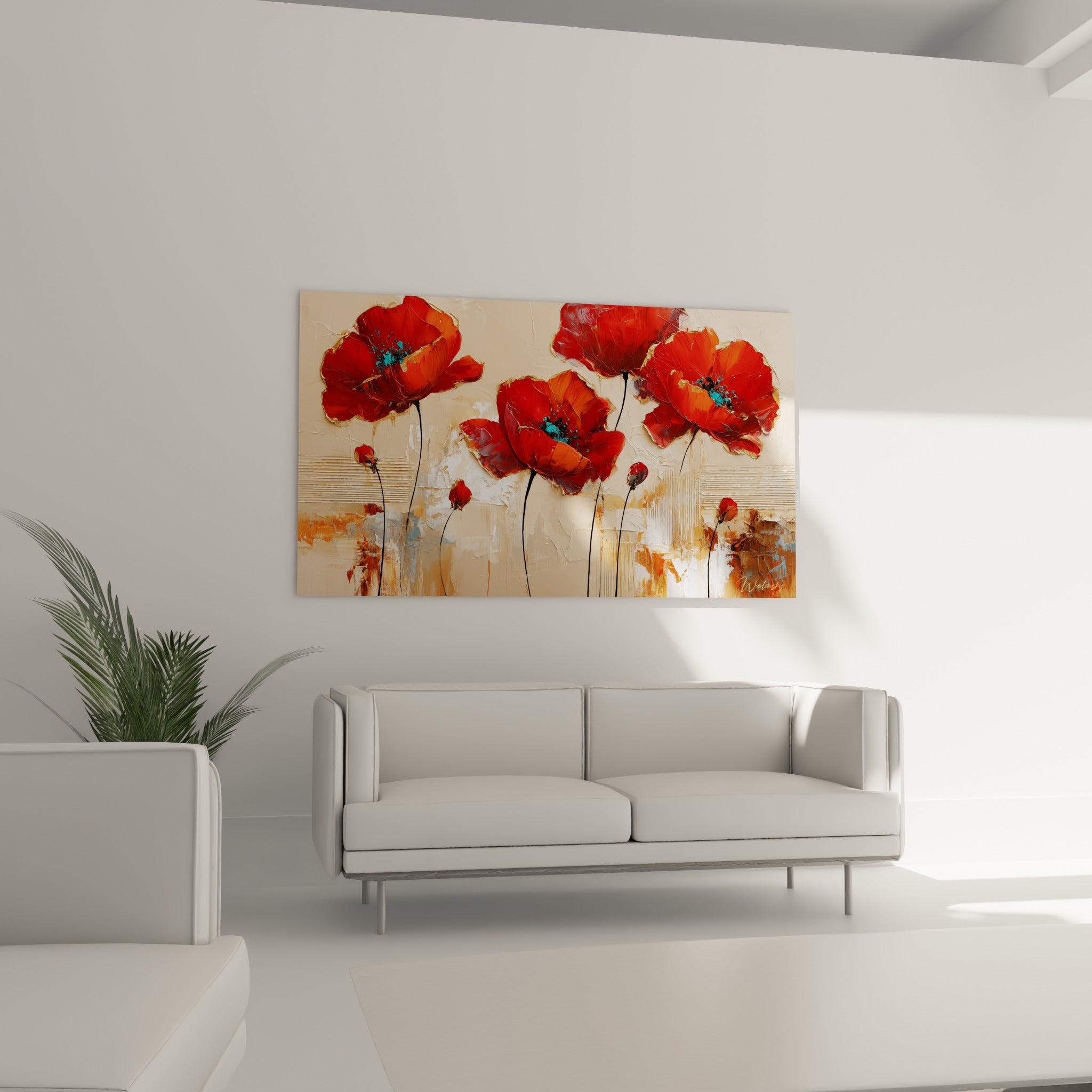 Fleurs de coquelicot rouge et orange à empâtements épais au-dessus d'un canapé dans un salon lumineux.