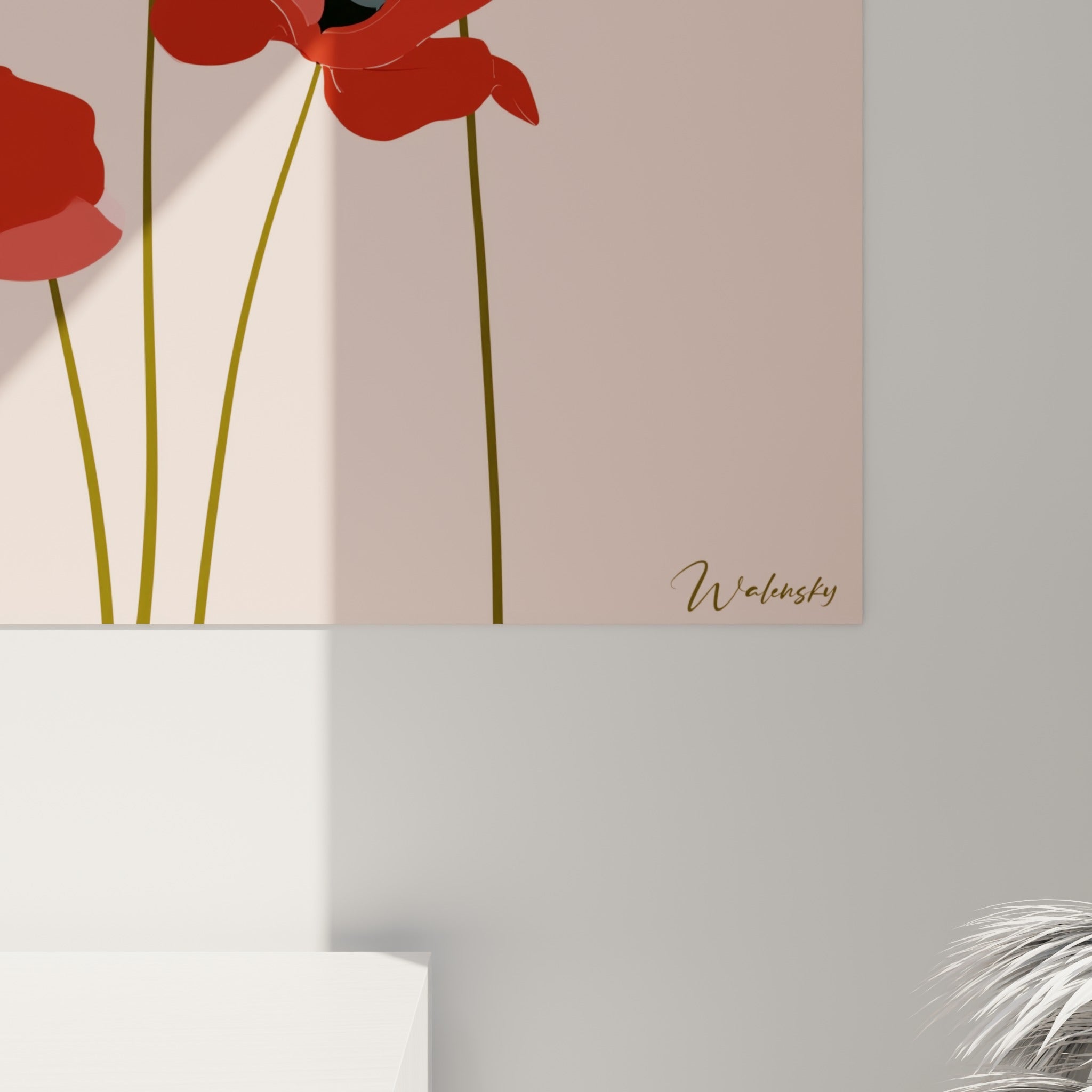 Pétales facettés en rouge sombre et rose corail révèlent la finesse d'impression et le grain de la toile