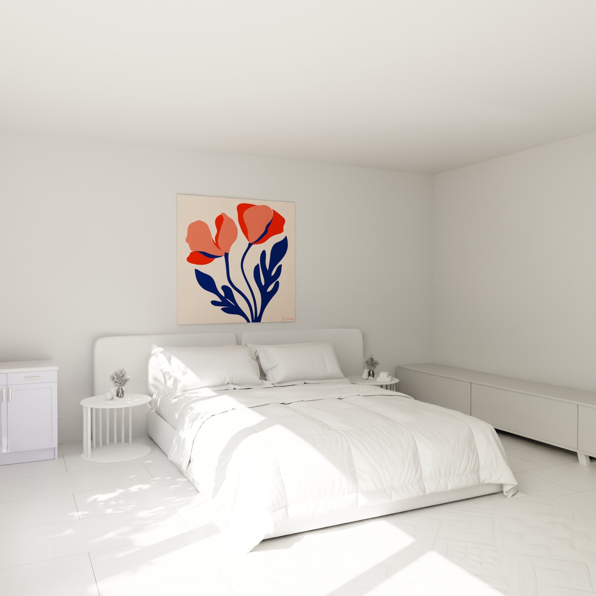 Pétales rouge vif et corail des coquelicots surplombent un lit dans une chambre claire, tiges bleu marine