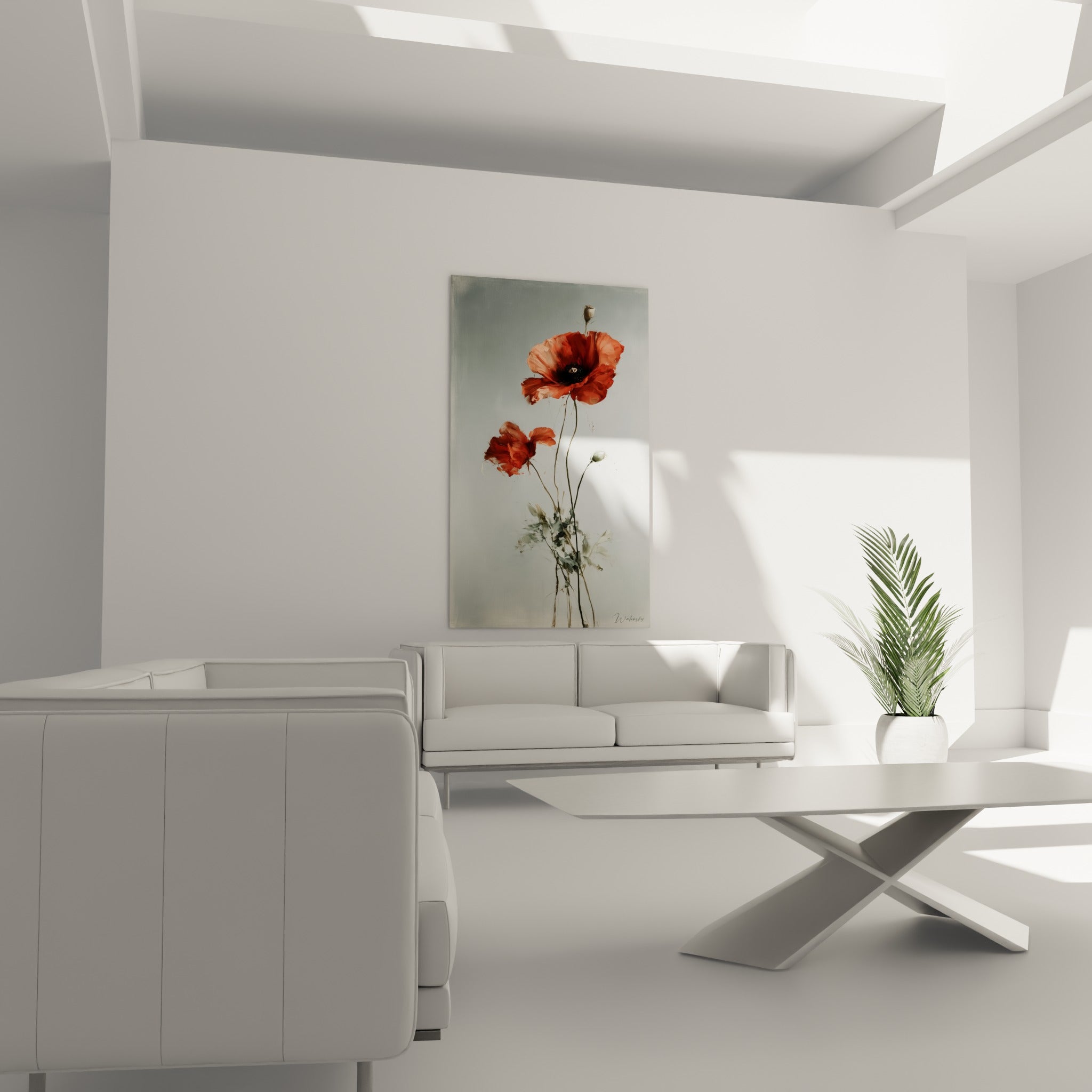 Pétales de coquelicot rouge et cœur noir intense, tableau au-dessus d'un canapé dans un salon lumineux