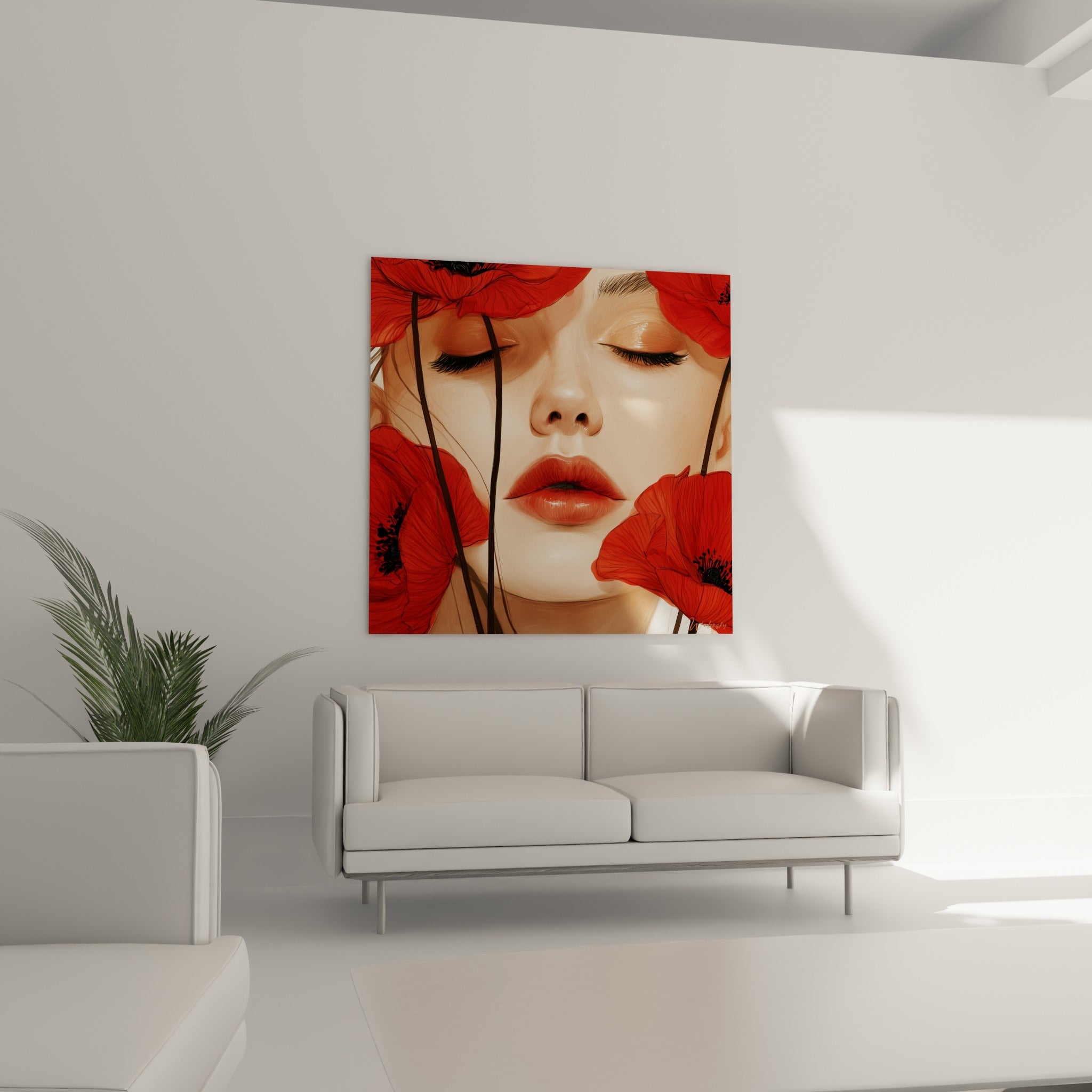 Coquelicots rouges et visage corail aux paupières apaisées, au-dessus d'un canapé dans un salon lumineux