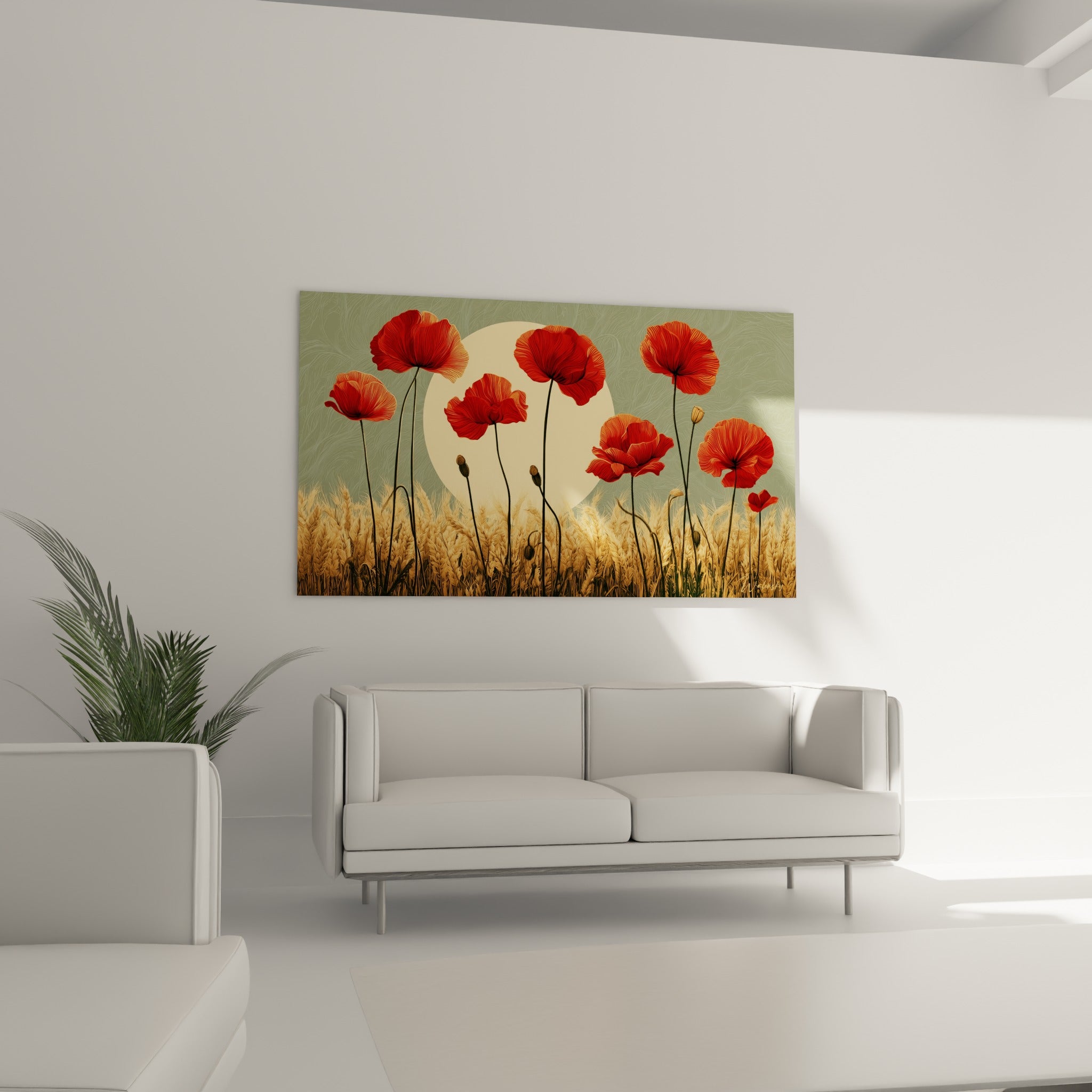 Fleurs de coquelicot rouge et blé ocre au-dessus d'un canapé dans un salon lumineux