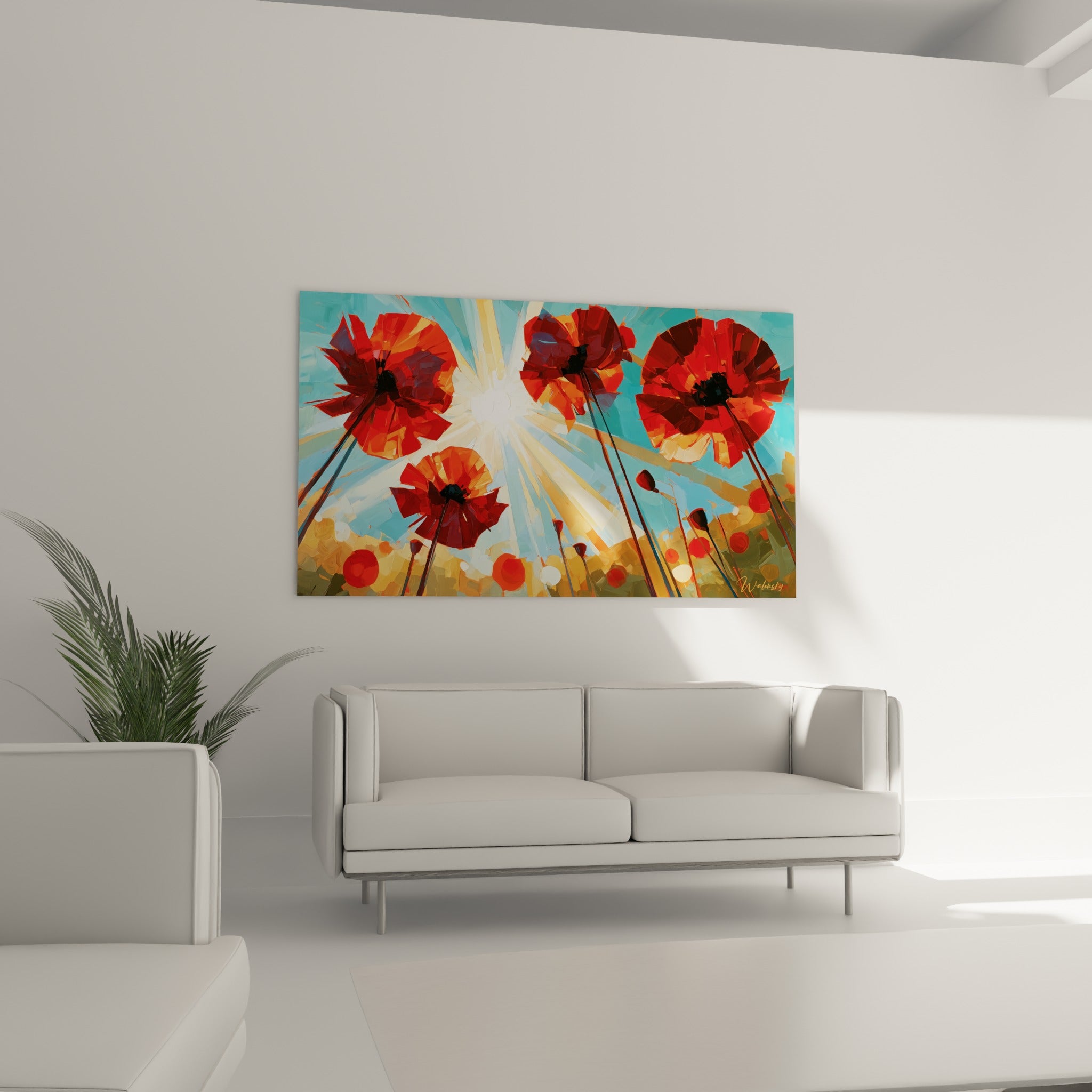 Pétales rouges et orangés des coquelicots baignés de lumière blanche, au-dessus d'un canapé dans un salon lumineux