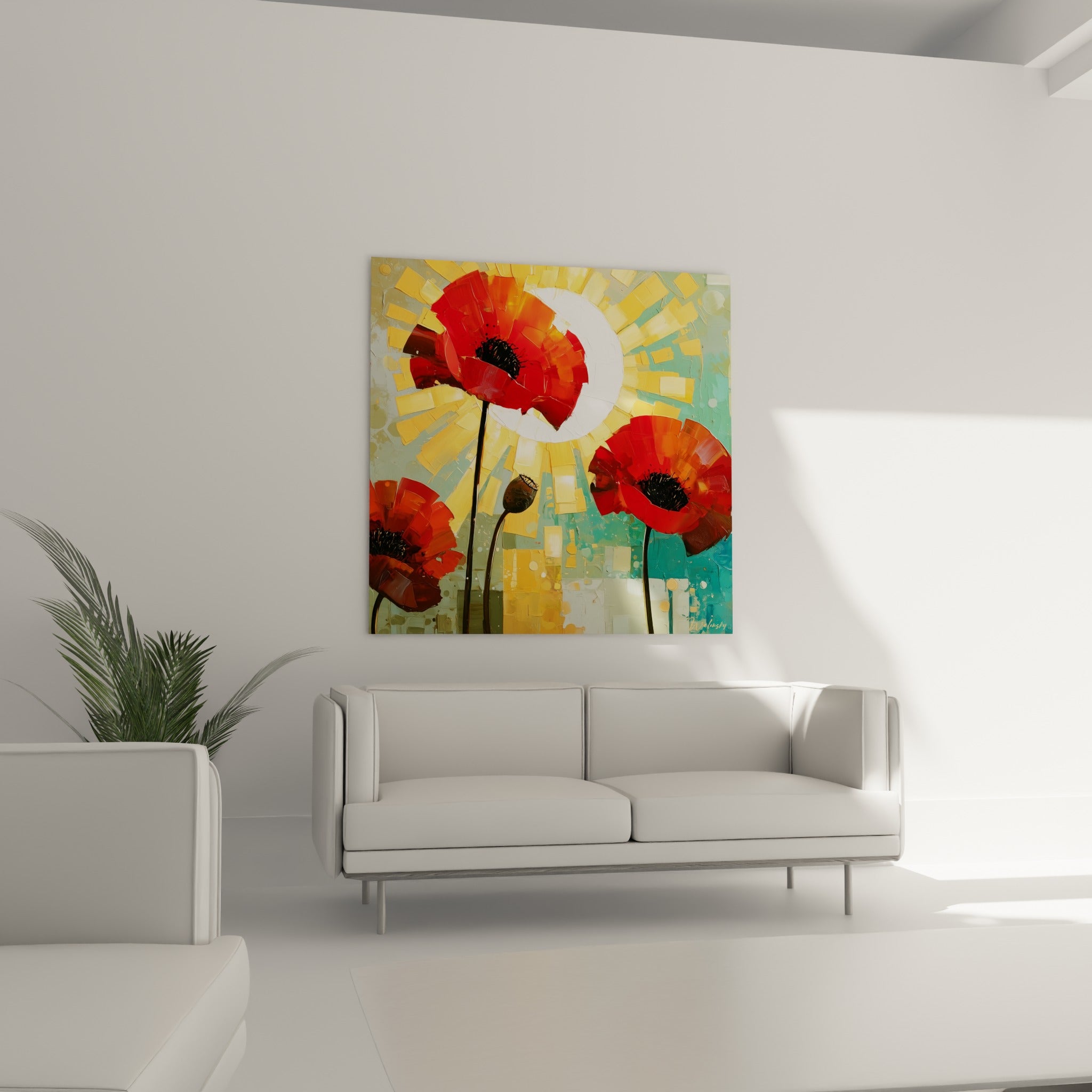 Pétales rouges et orangés du coquelicot sur fond doré, disposés au-dessus d'un canapé dans un salon lumineux