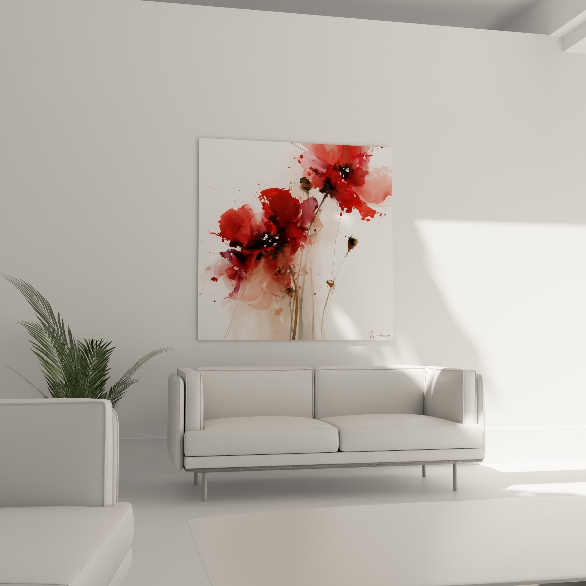 Pétales de coquelicot rouge éclatant et touches roses délicates au-dessus d'un canapé dans un salon lumineux