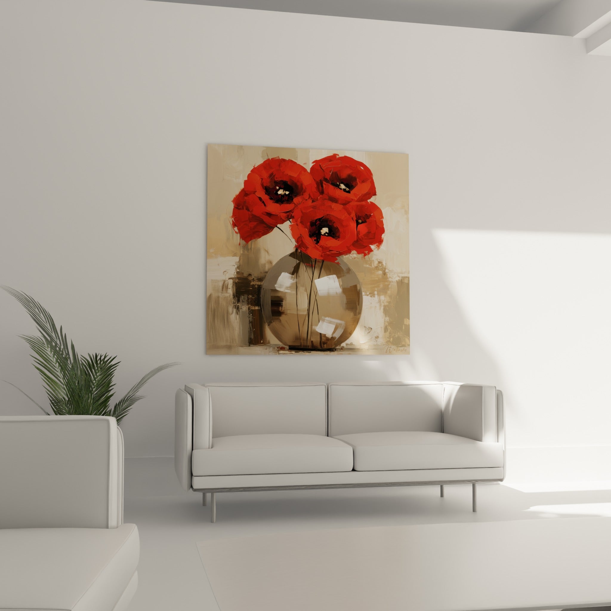Fleurs de coquelicot rouge et brun dans un vase fumé installées au-dessus d'un canapé dans un salon lumineux