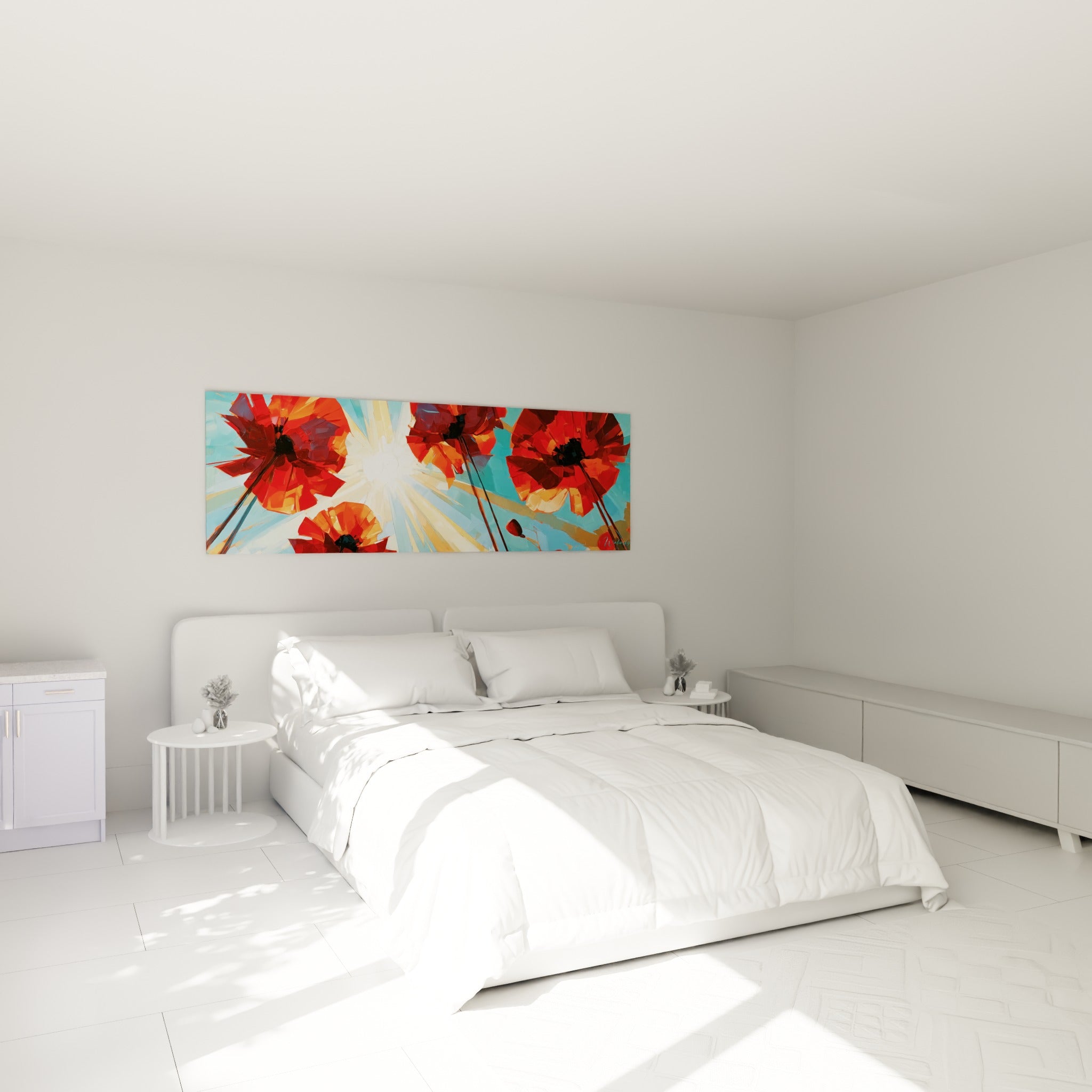 Pétales rouges et tiges sombres de coquelicots surplombent un lit dans une chambre claire
