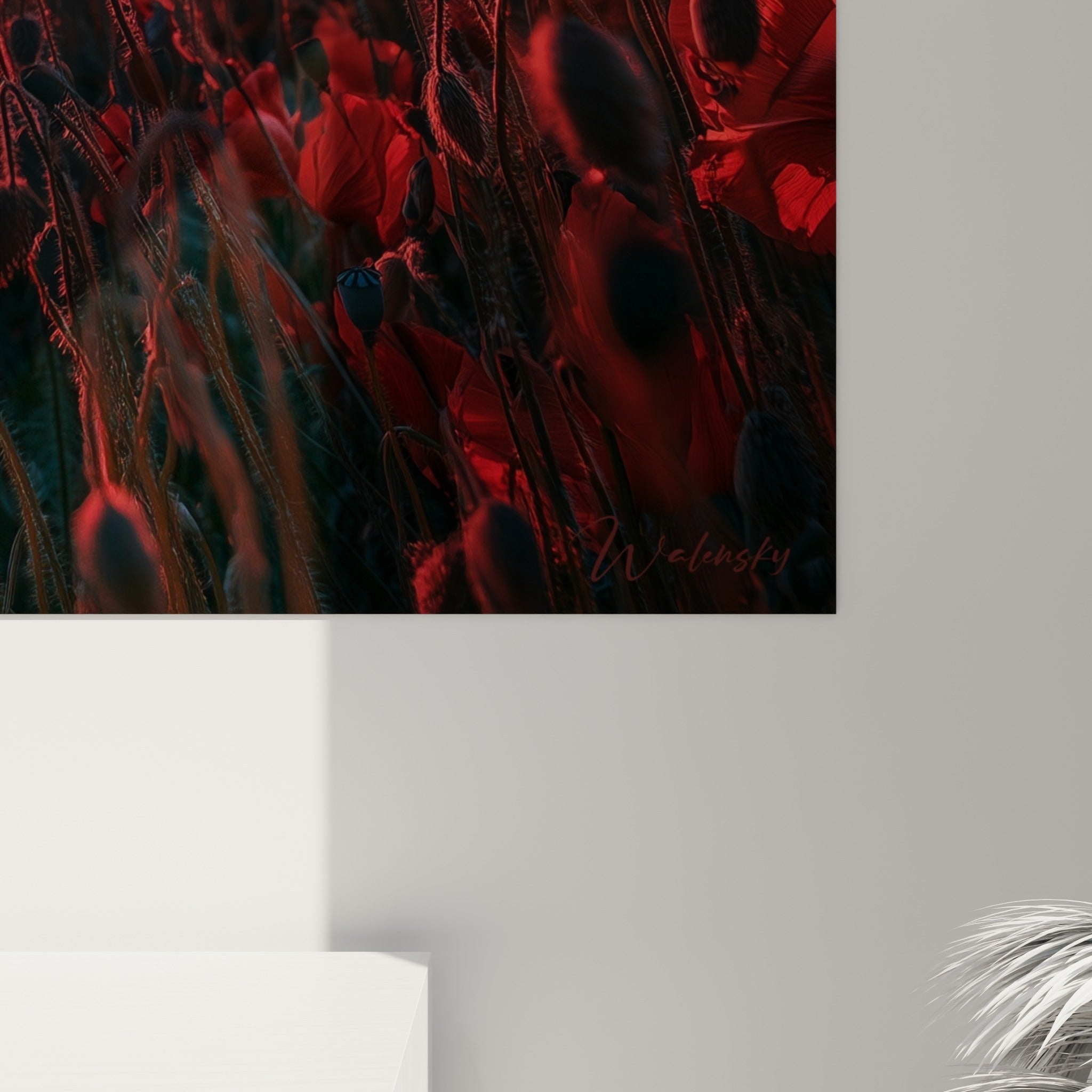 Pétales rouges du coquelicot et grain de l'impression visibles de près, contrastant avec le bleu nuit environnant