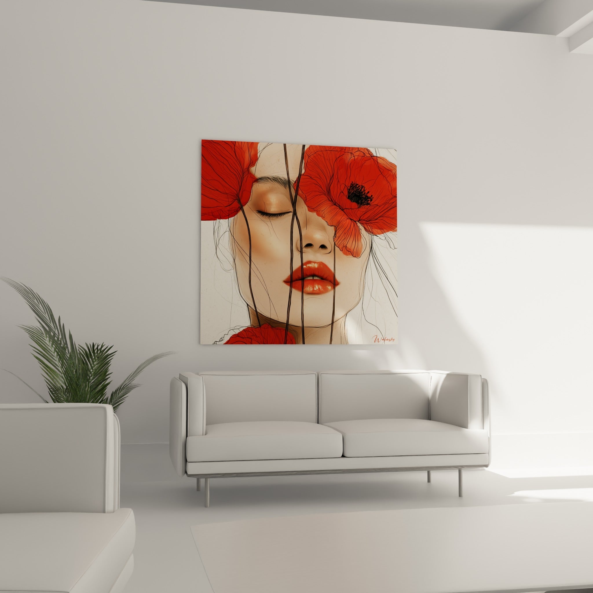 Pétales rouge vif et lèvres orangées d'un visage illustré au-dessus d'un canapé dans un salon lumineux