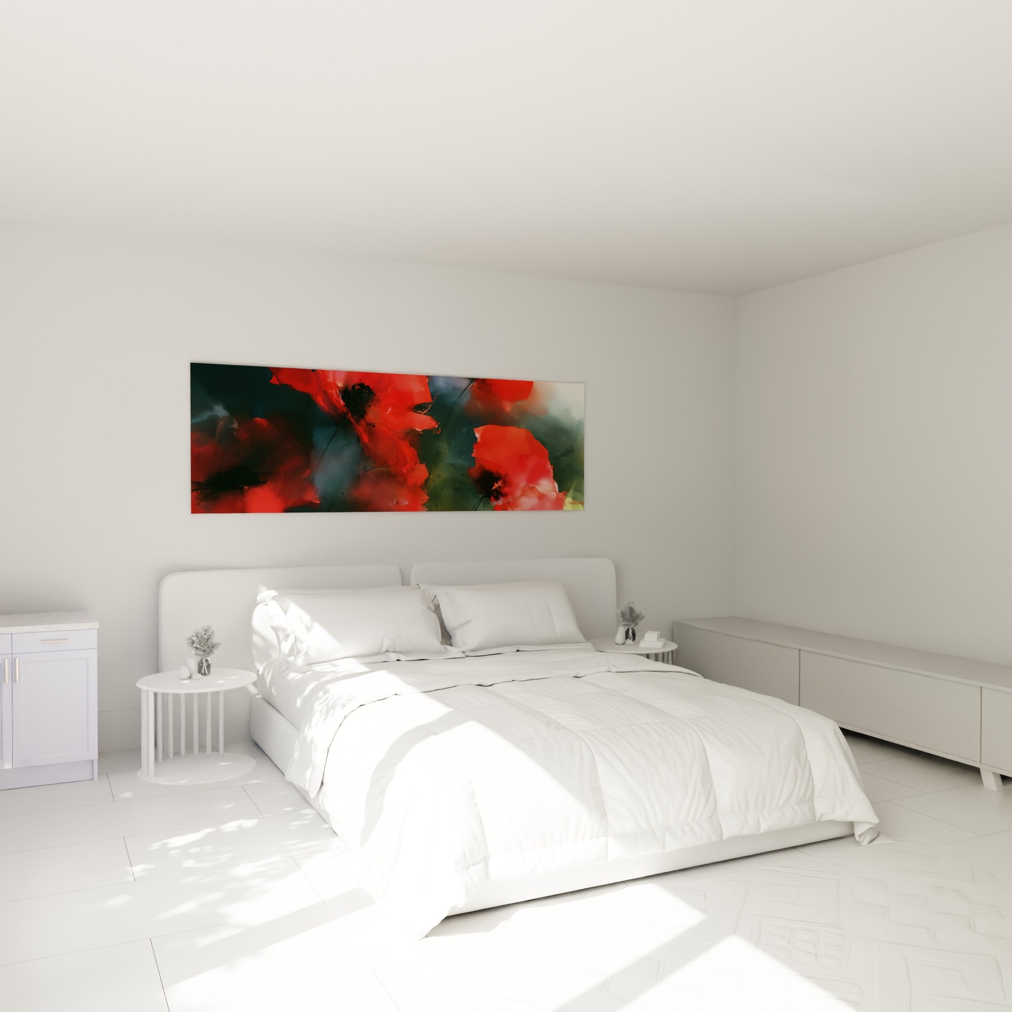 Pétales rouge vermillon et noirs se déployant, accrochés au-dessus d'un lit dans une chambre claire