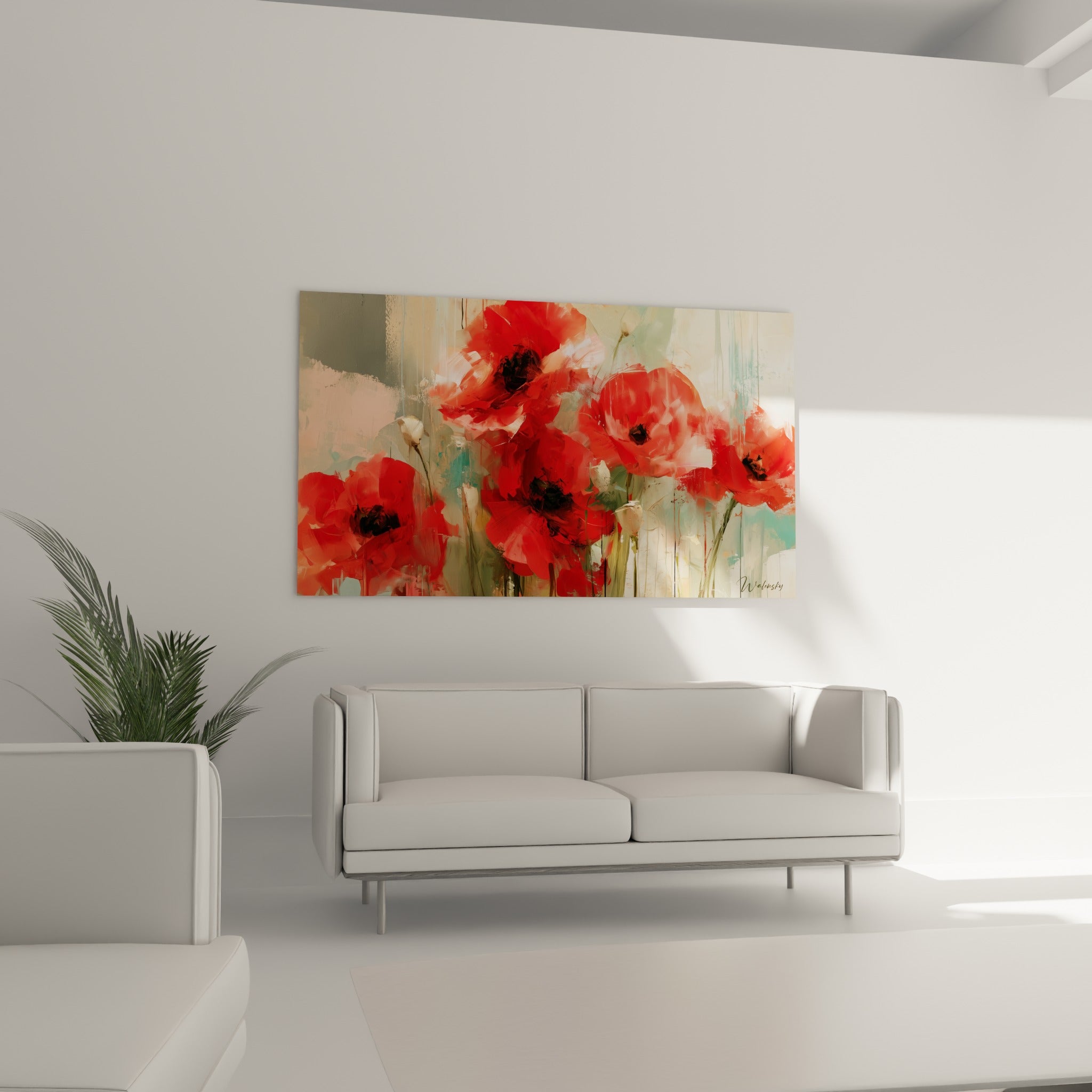 Pétales rouge écarlate et tiges vertes de coquelicots au-dessus d'un canapé dans un salon lumineux