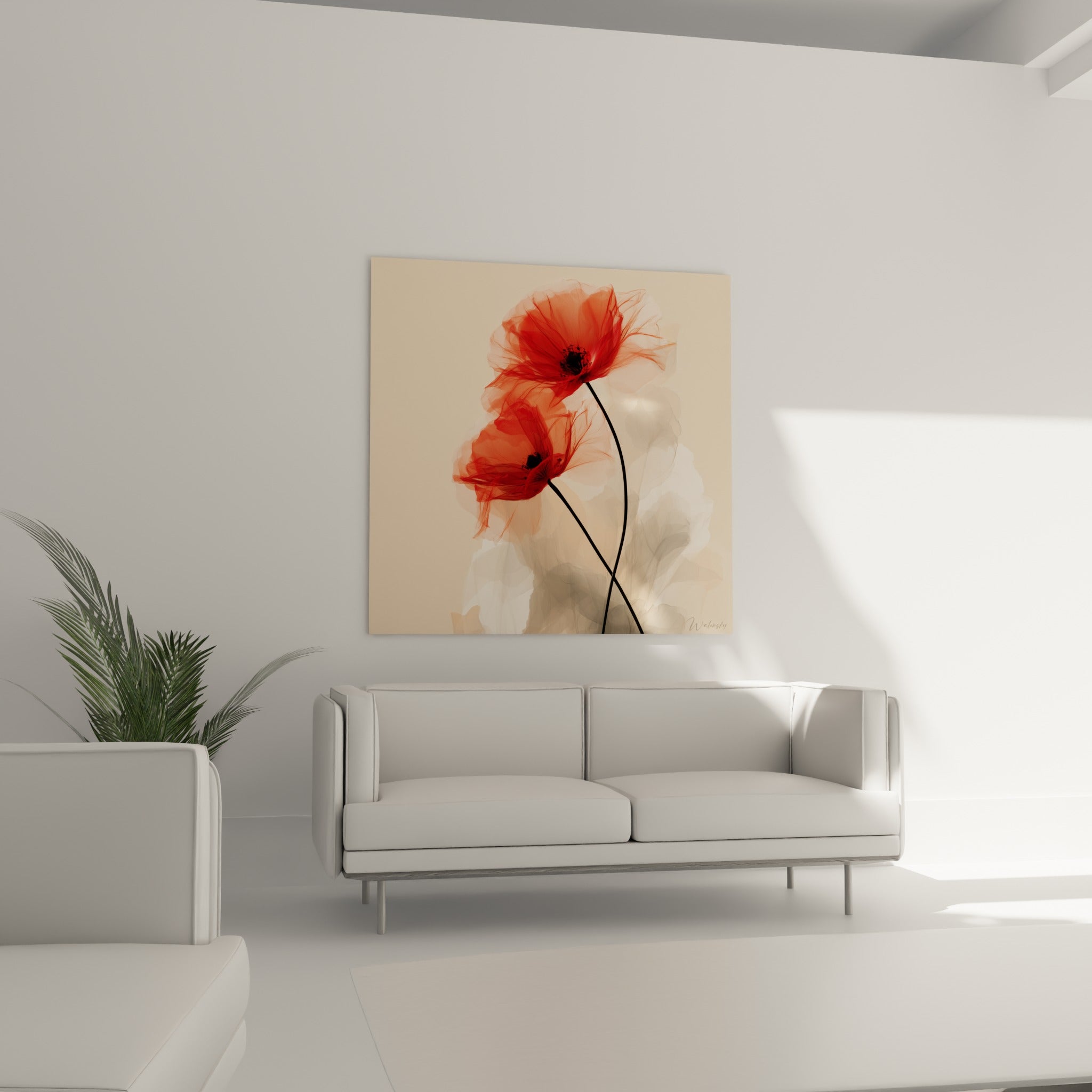 Pétales de coquelicot rouge vif et ombres grises au-dessus d'un canapé dans un salon lumineux