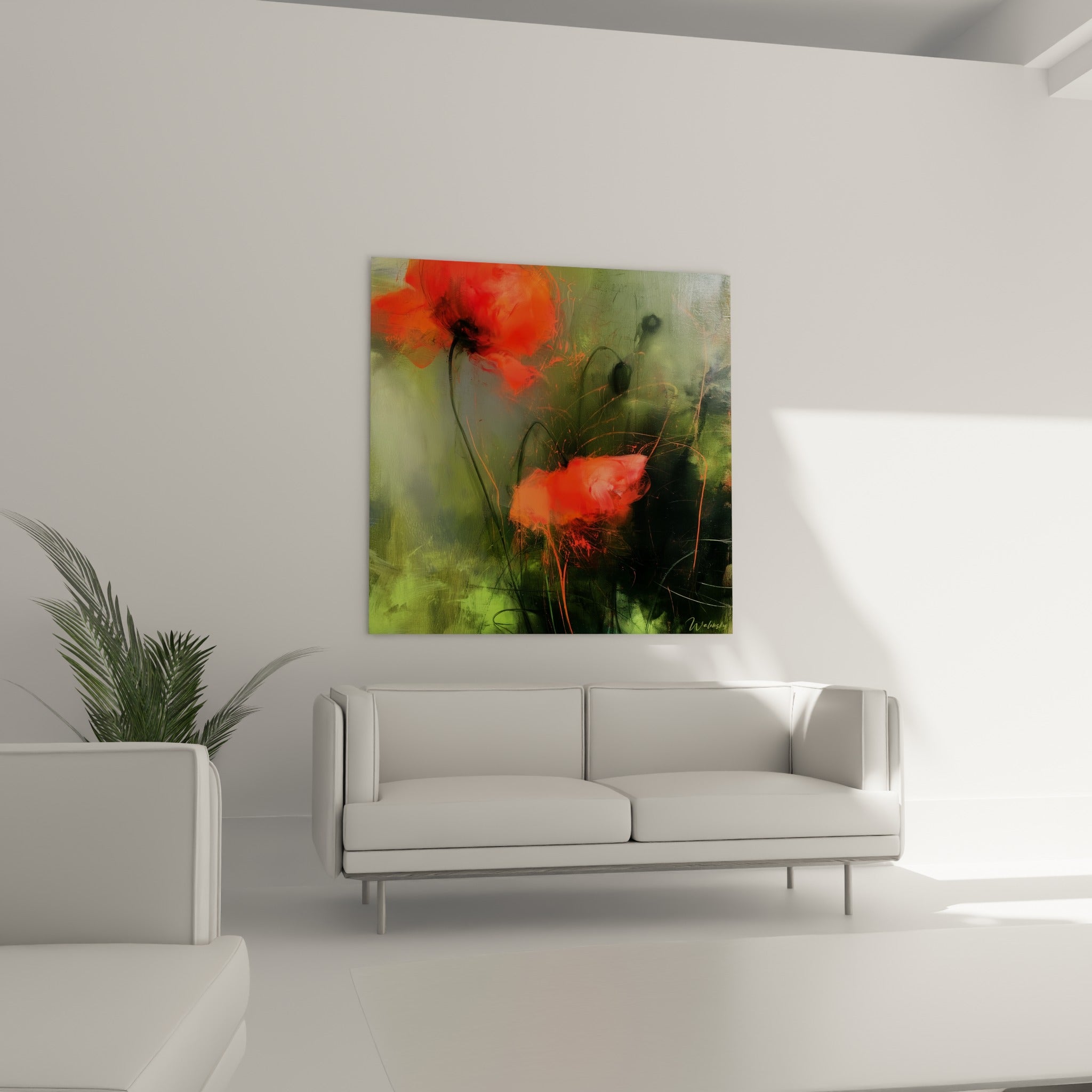 Pétales rouges du coquelicot se détachant sur un vert profond, au-dessus d'un canapé dans un salon lumineux.