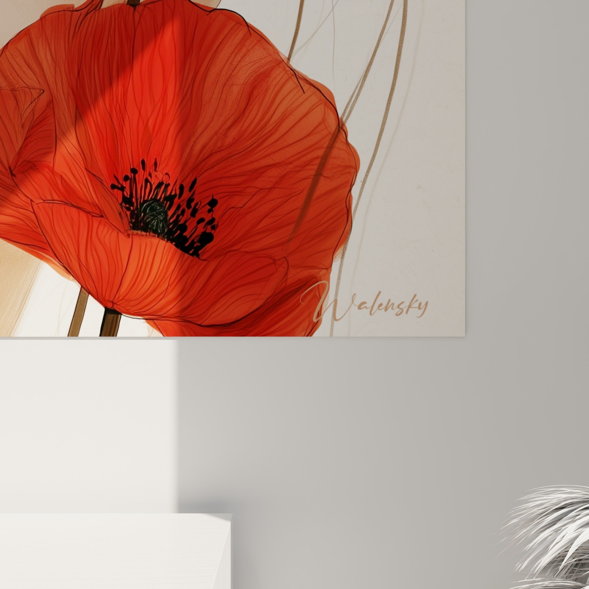 Pétales de coquelicot rouge aux nervures fines et cœur noir, grain du tirage visible en gros plan sur la toile
