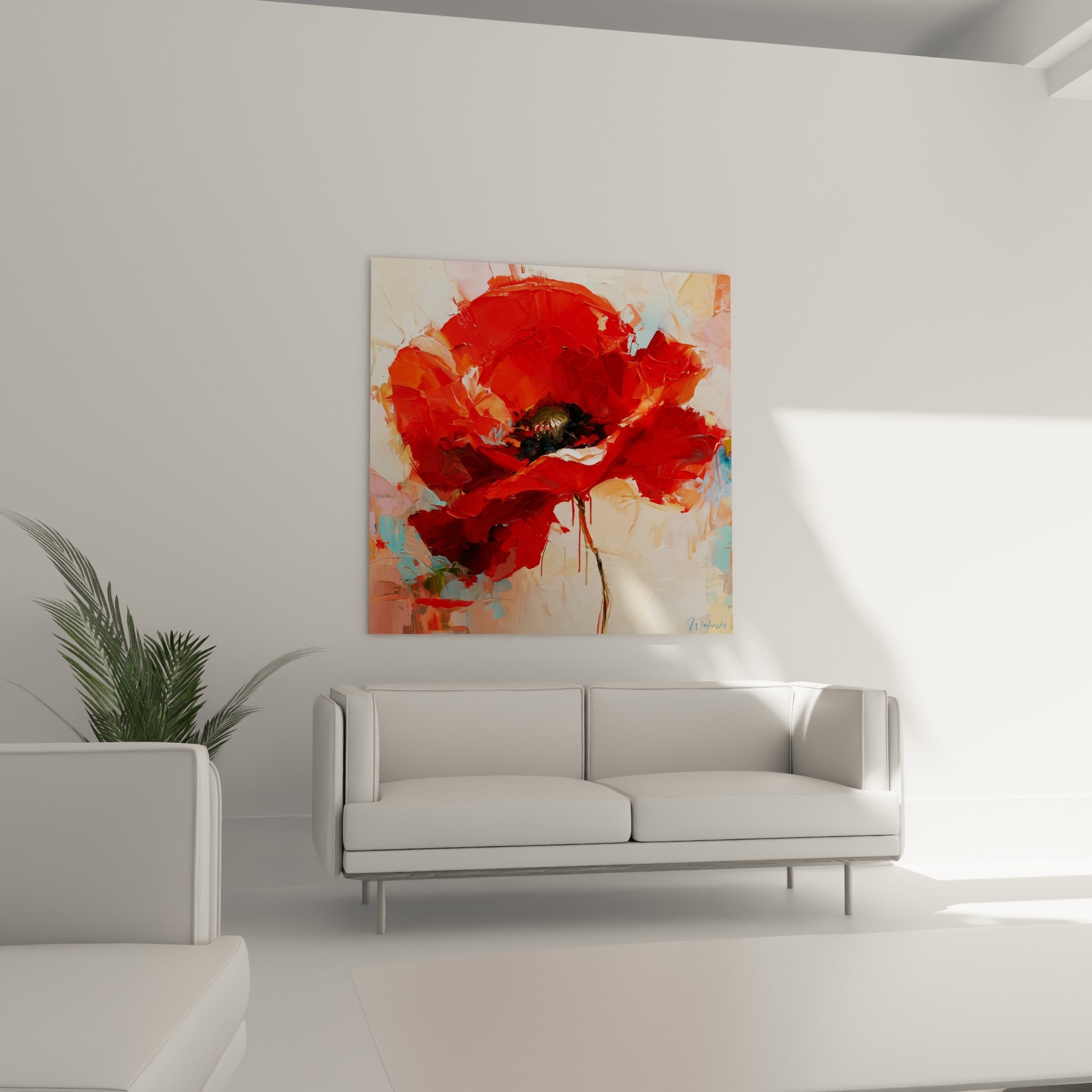 Pétales rouge vif et corail d'un coquelicot expressif, disposés au-dessus d'un canapé dans un salon lumineux