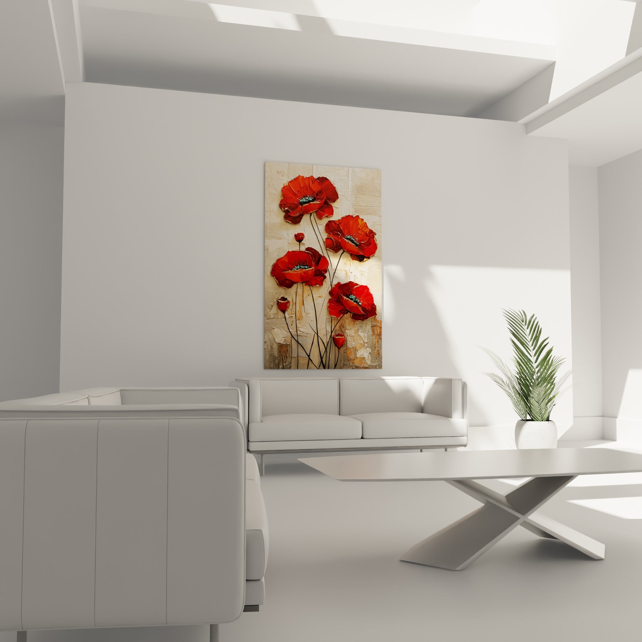 Fleurs de coquelicot rouge et beige sablé disposées au-dessus d'un canapé dans un salon lumineux