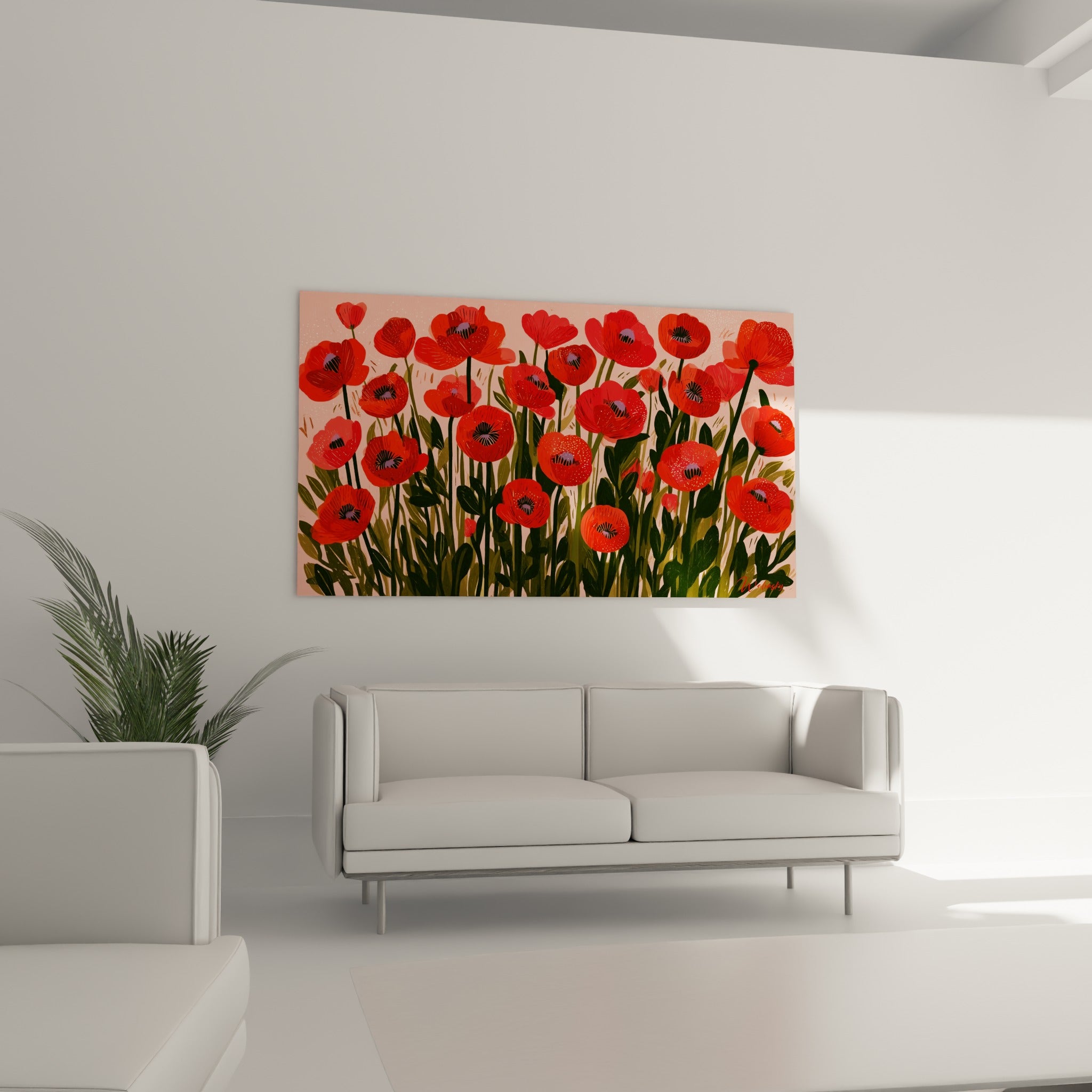 Fleurs de coquelicot rouge vif aux cœurs mauves accrochées au-dessus d'un canapé dans un salon lumineux