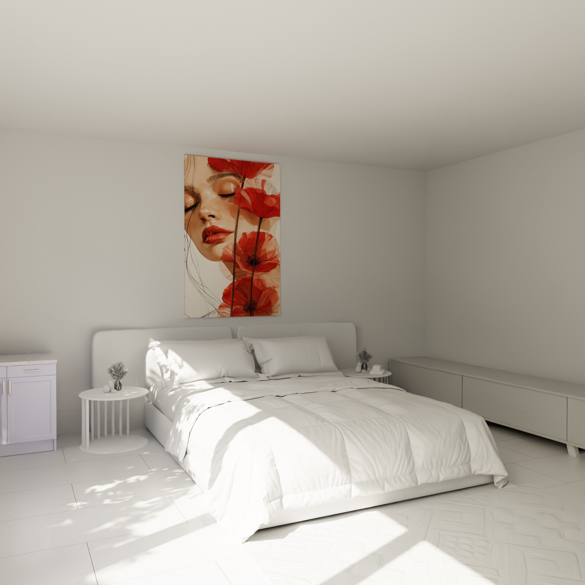 Portrait Coquelicot aux tons rouge et beige, accroché au-dessus d'un lit dans une chambre claire