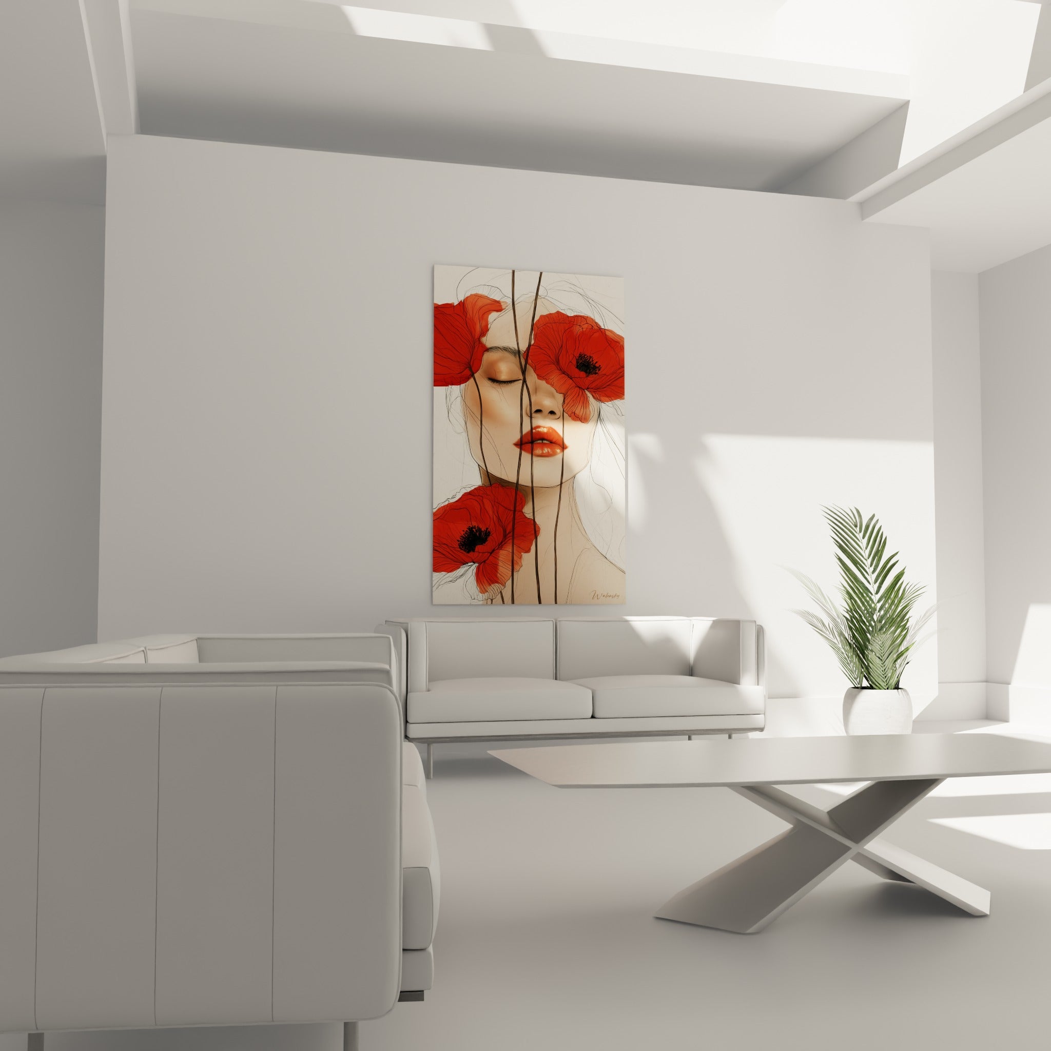 Coquelicots rouges et traits noirs encadrant un visage serein, au-dessus d'un canapé dans un salon lumineux