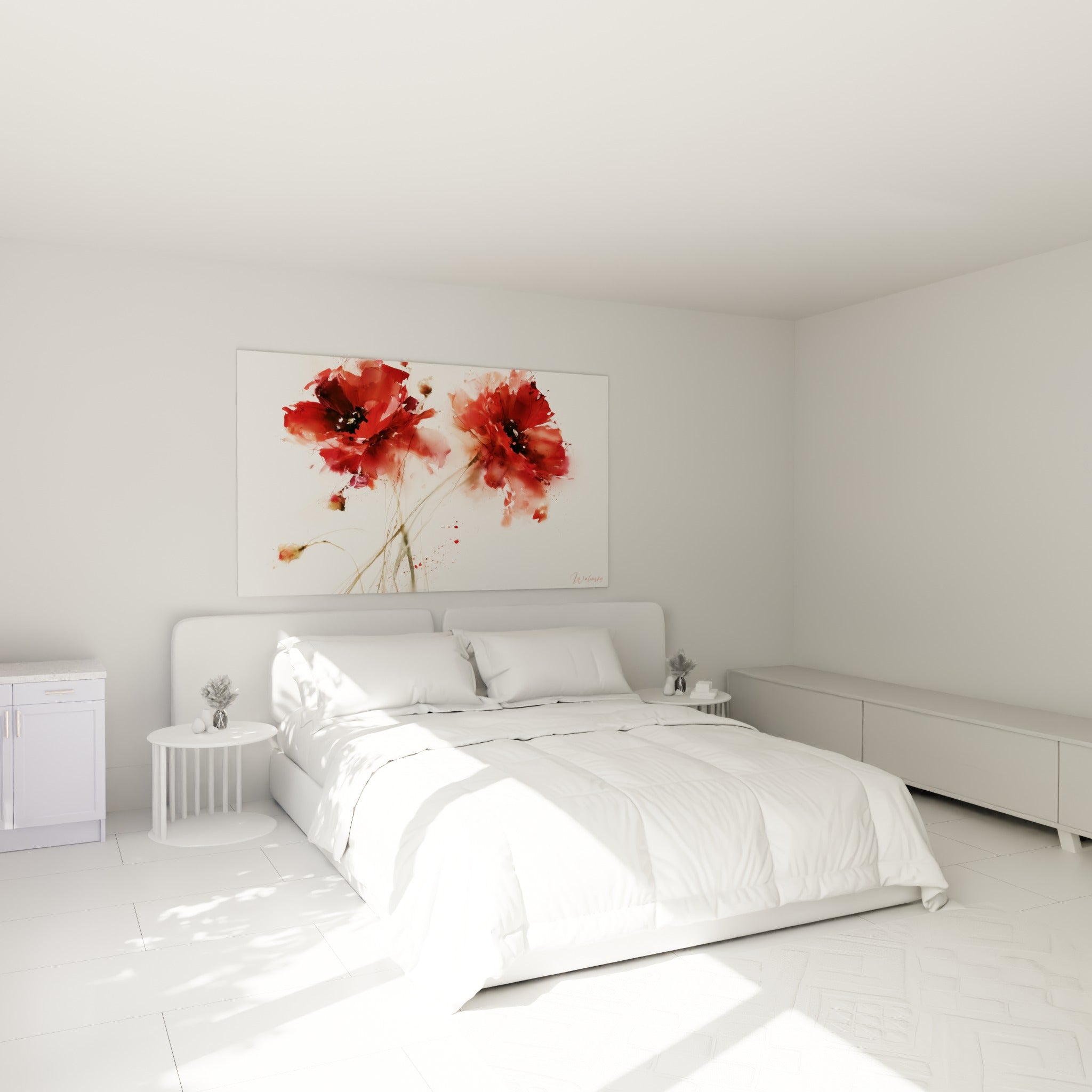 Bouquet de coquelicots rouges et roses corail, geste aquarelle vif, au-dessus d'un lit dans une chambre claire
