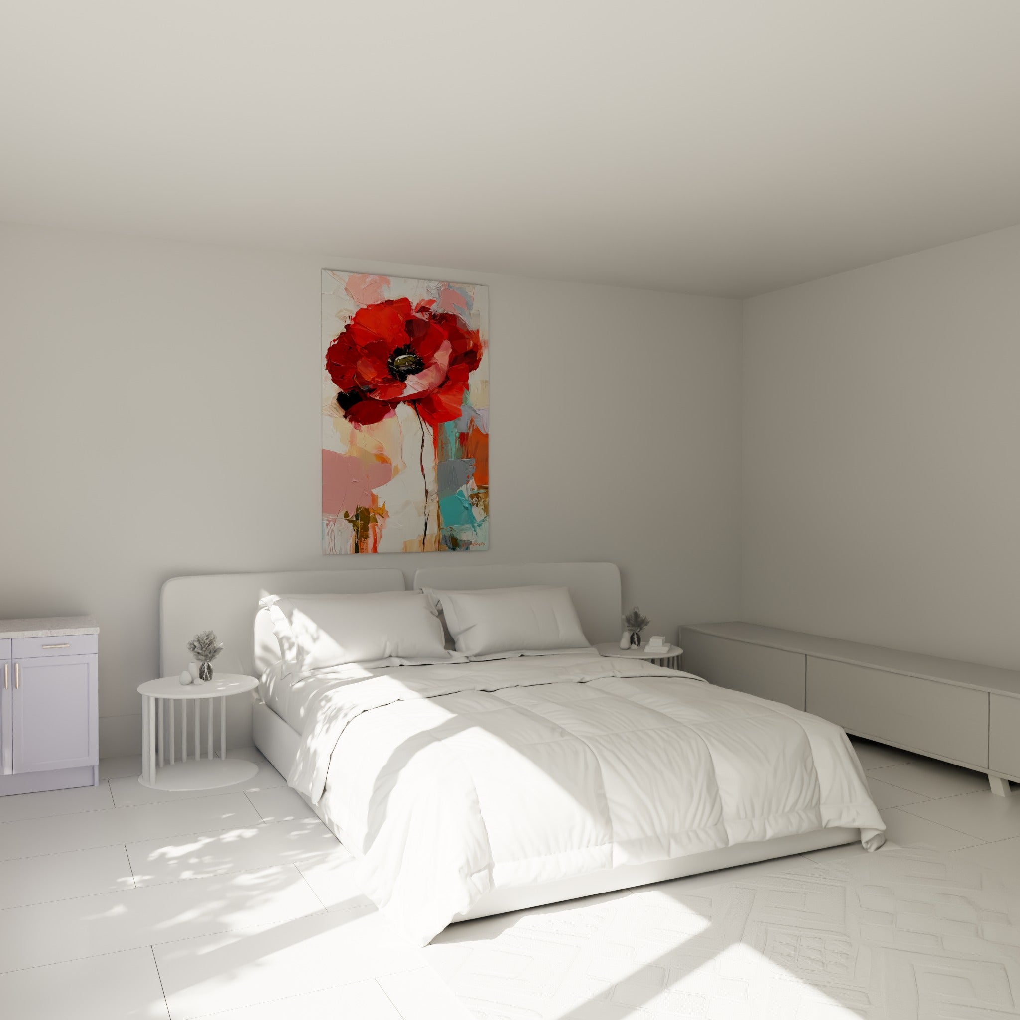 Fleur rouge vif à cœur noir, touches ocre et grises, au-dessus d'un lit dans une chambre claire