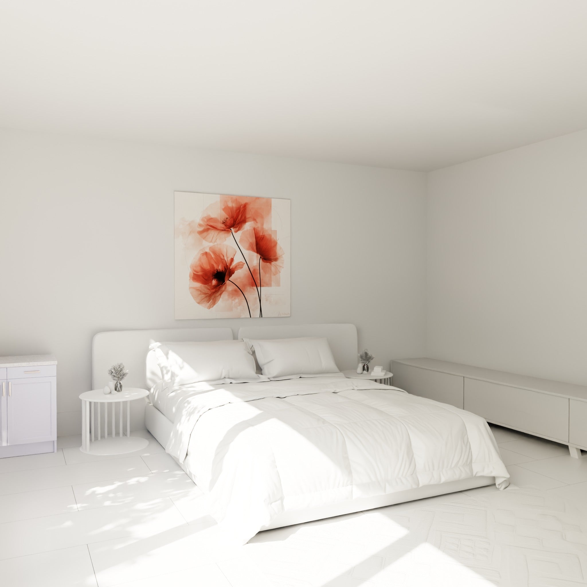Fleurs de coquelicot rose et corail aux pétales délicats, accrochées au-dessus d'un lit dans une chambre claire