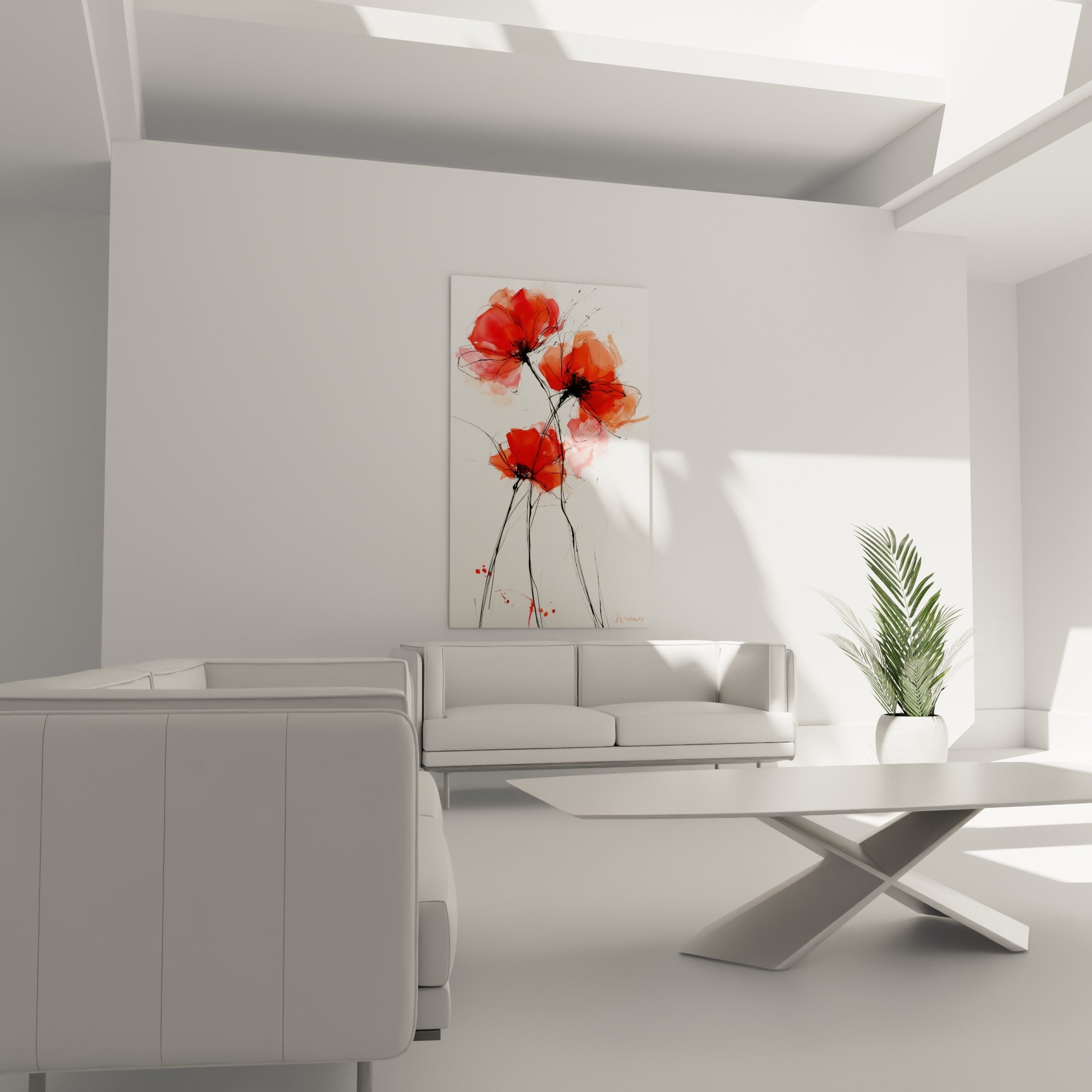 Trois coquelicots orangés et rouges à l'encre au-dessus d'un canapé dans un salon lumineux
