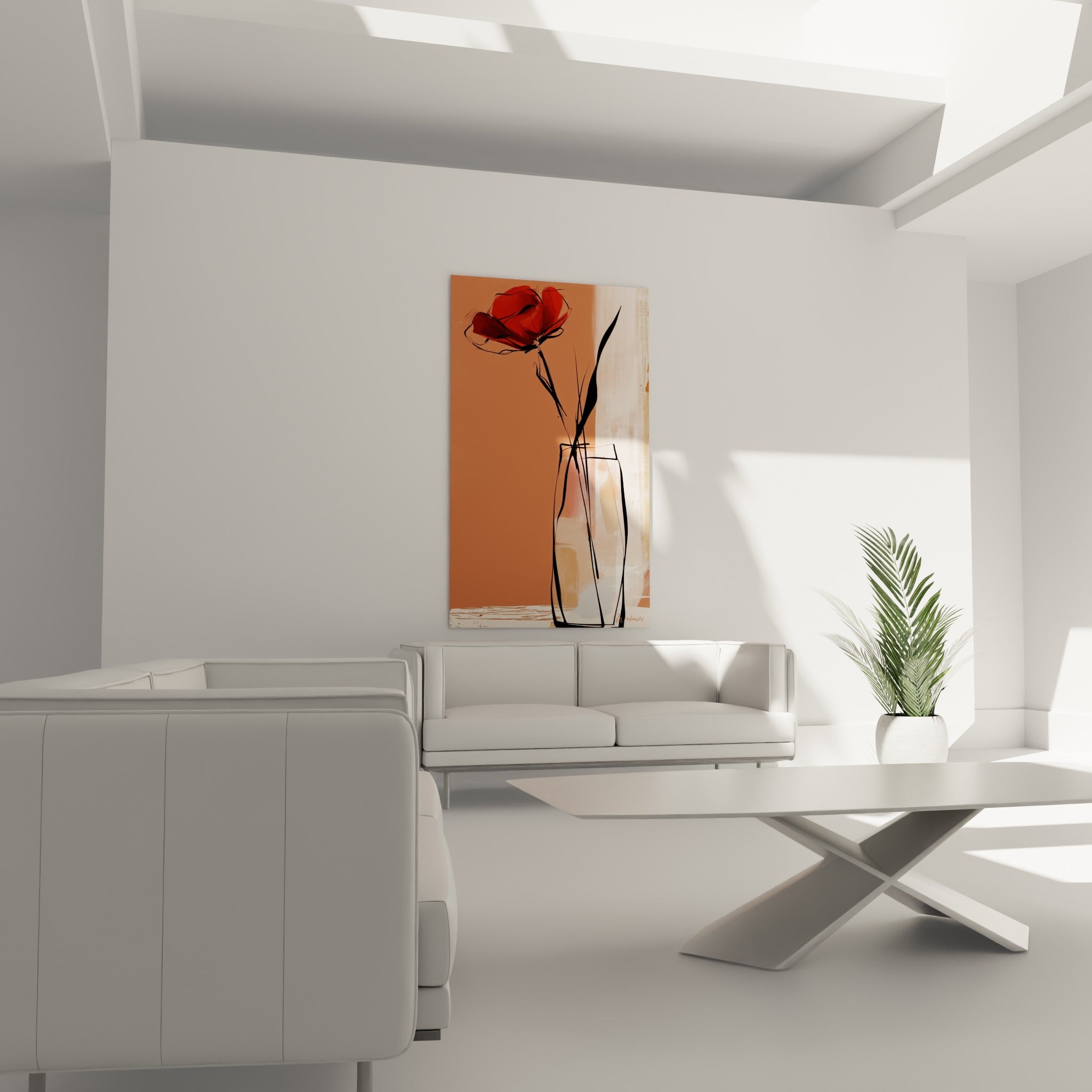 Tige noire et pétales rouges du coquelicot suspendus au-dessus d'un canapé dans un salon lumineux