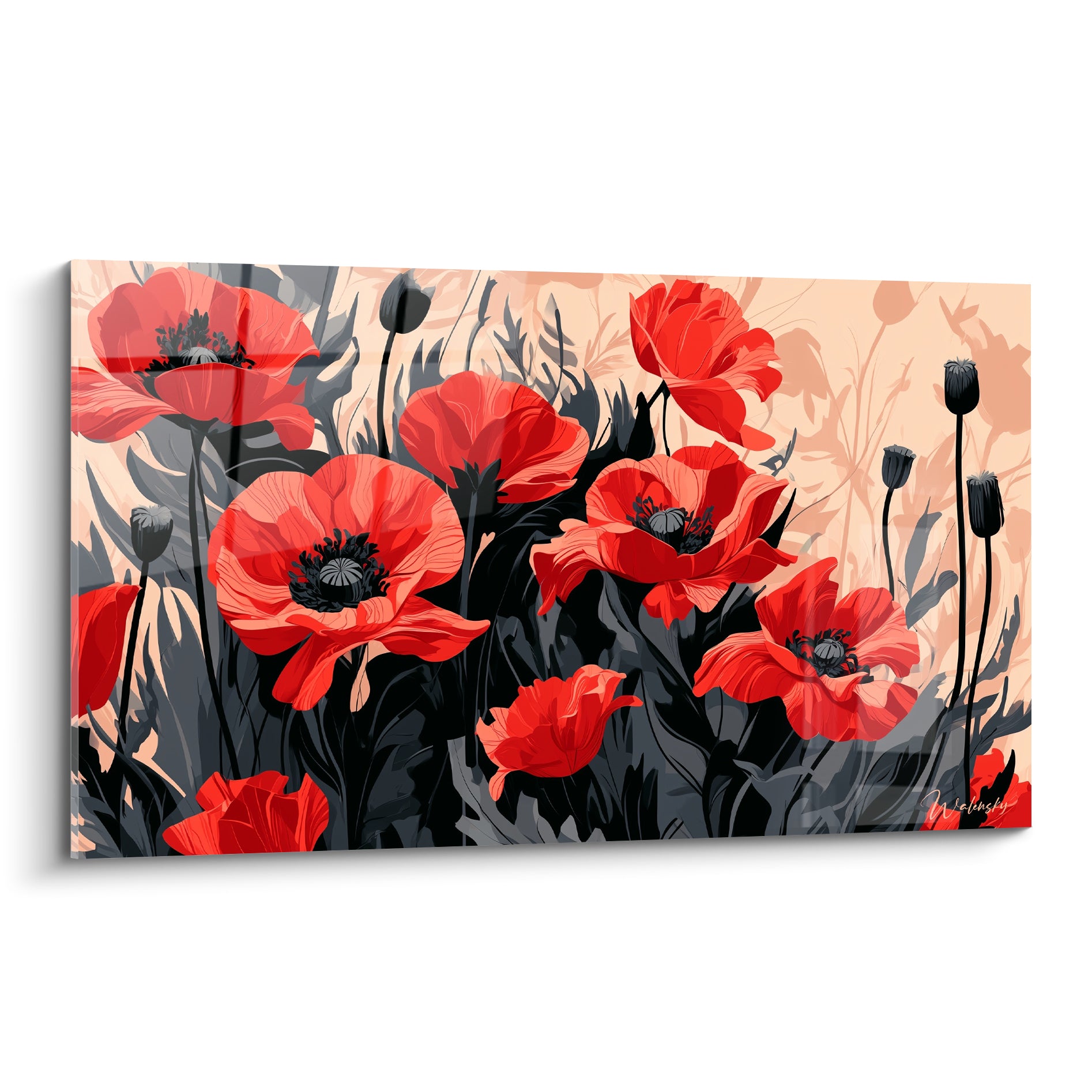 Coquelicots rouges aux cœurs noirs se déploient sur un fond anthracite et pêche pastel