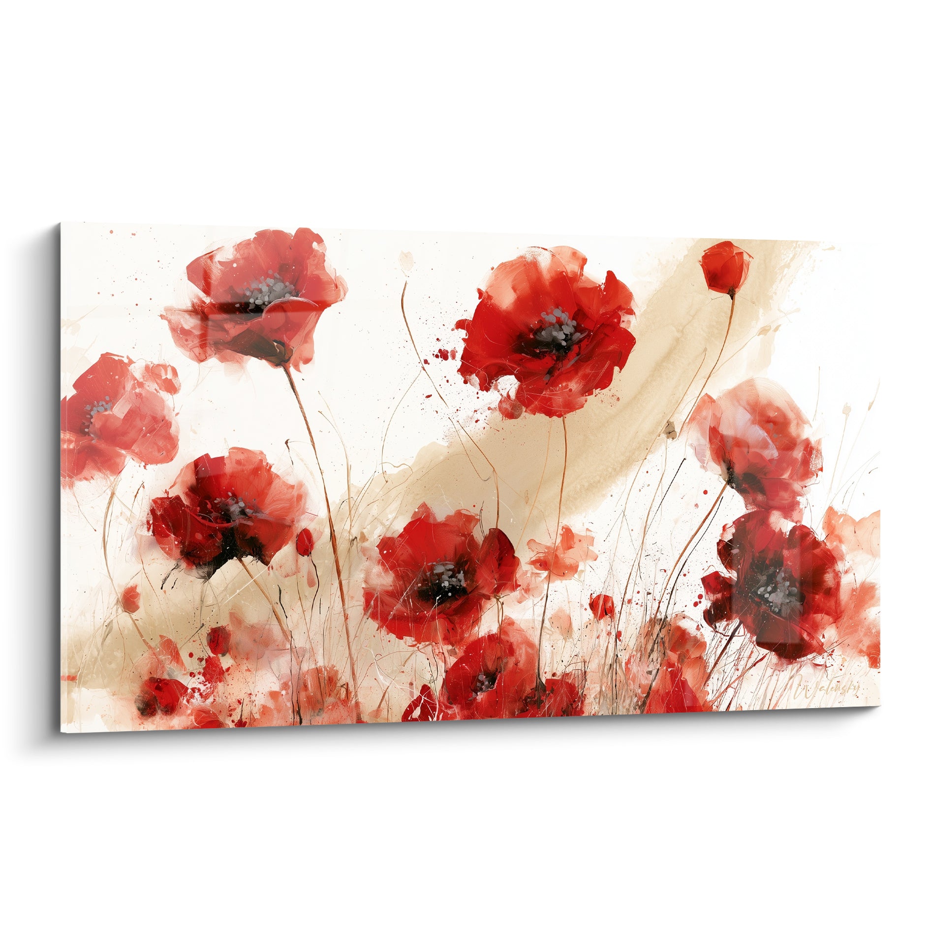 Coquelicots rouges et roses en pleine floraison sur fond beige aquarelle texturé