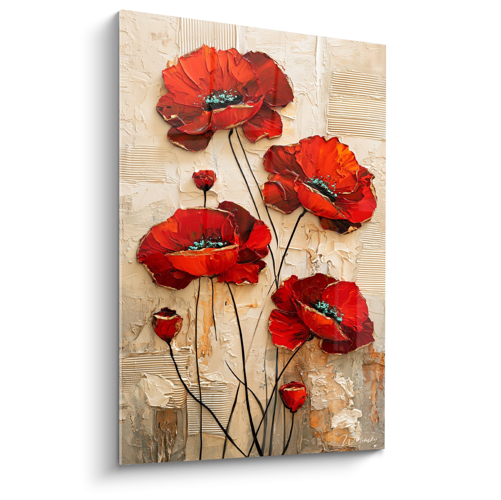 Coquelicots rouges aux cœurs turquoise sur fond beige texturé et empâtements dorés