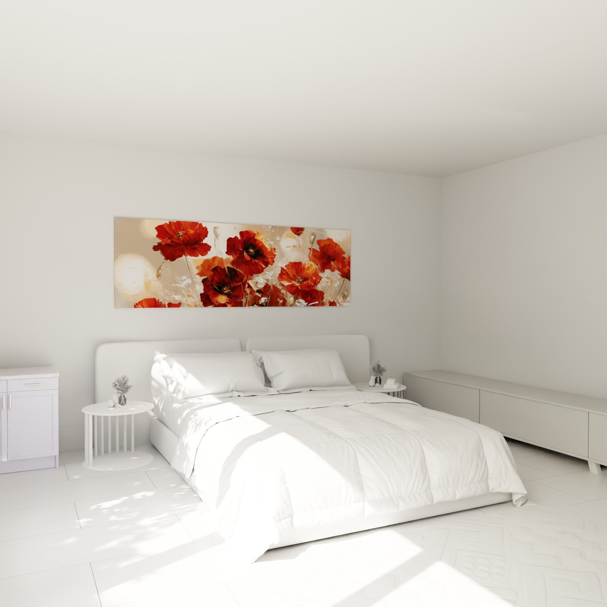 Coquelicots rouge profond et blanc crème peints avec empâtements, au-dessus d'un lit dans une chambre claire