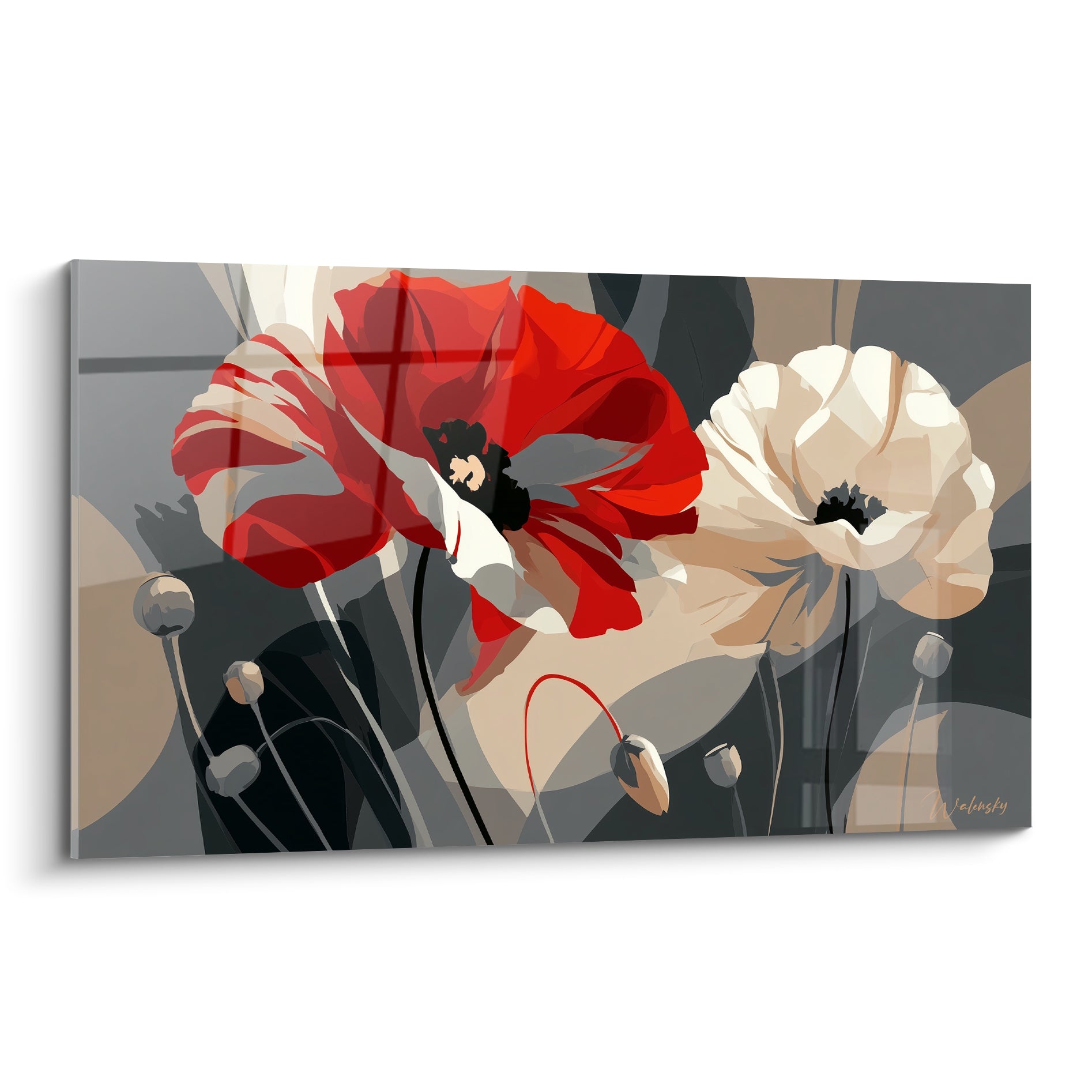 Coquelicot rouge écarlate et blanc crème se déploient sur un fond graphique gris anthracite et beige