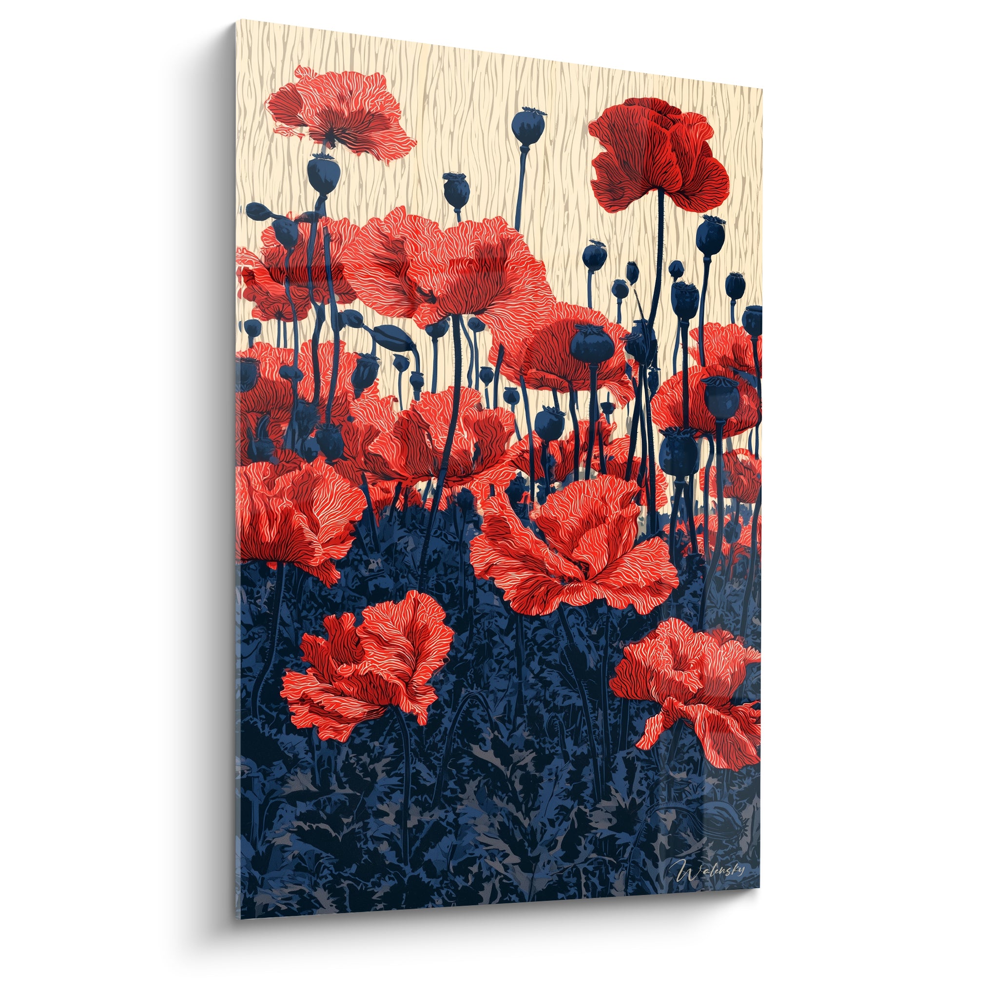 Coquelicots rouges aux pétales striés se déploient sur un fond ivoire et bleu marine graphique