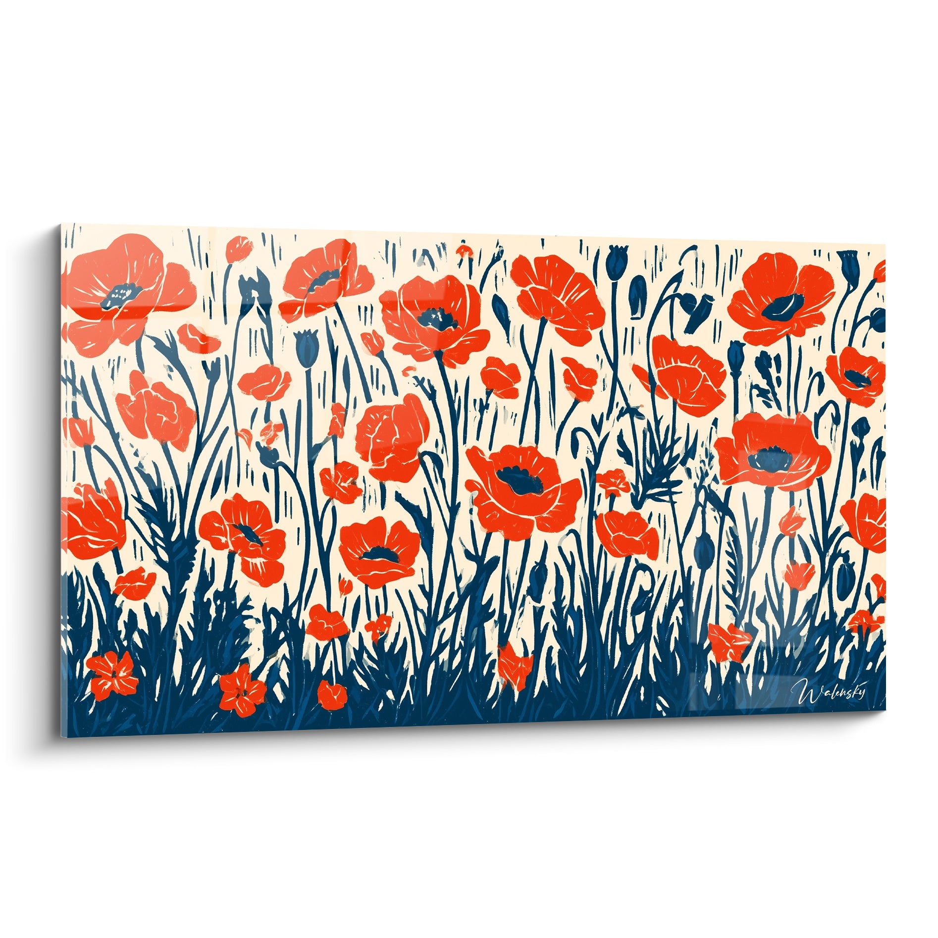Coquelicots rouges et bleu marine en gravure florale sur fond ivoire, motif dense et graphique
